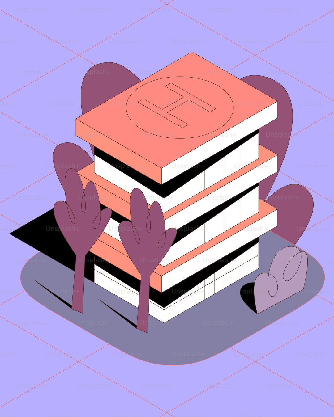 헬리패드와 추상 식물이 있는 현대식 건물