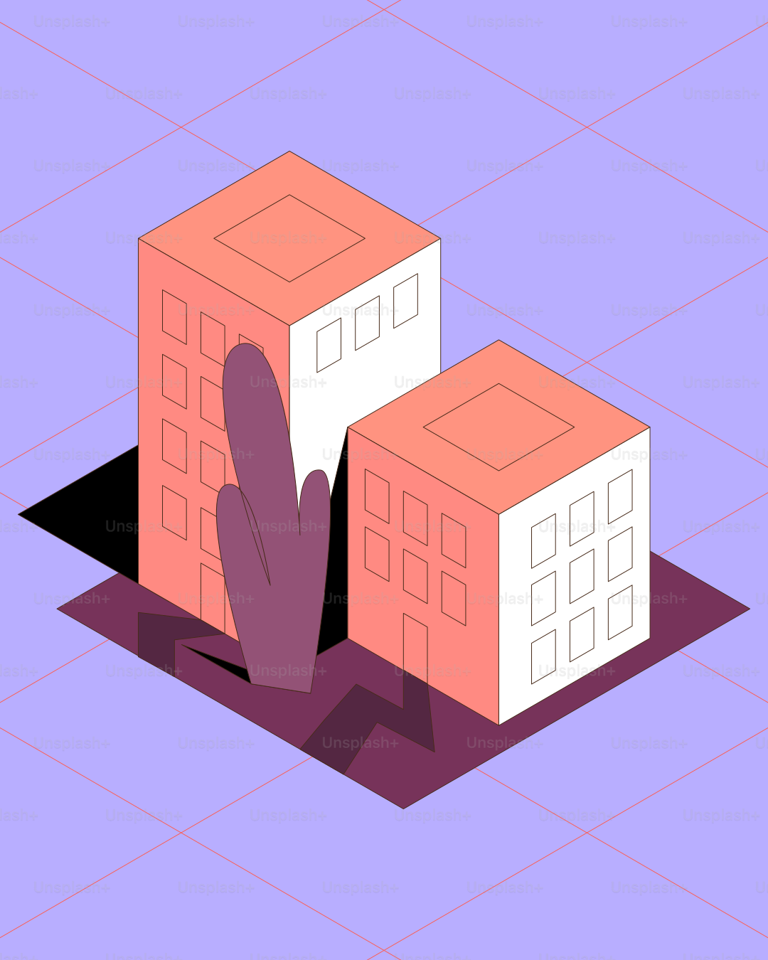 보라색 격자 위에 나무가 있는 두 개의 아이소메트릭 건물