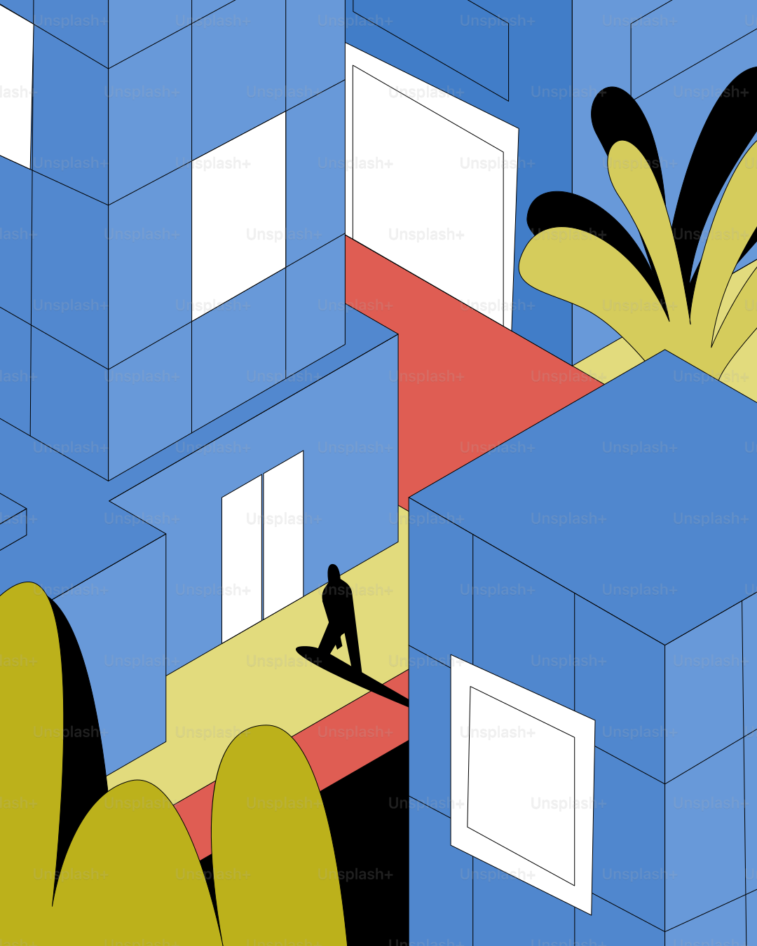 한 인물이 스타일리시한 푸른 도시 풍경을 걷고 있다.