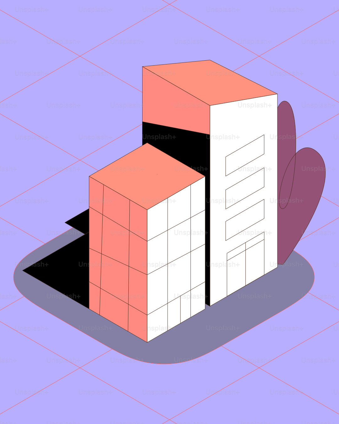 보라색 격자 배경 위의 현대 건물들