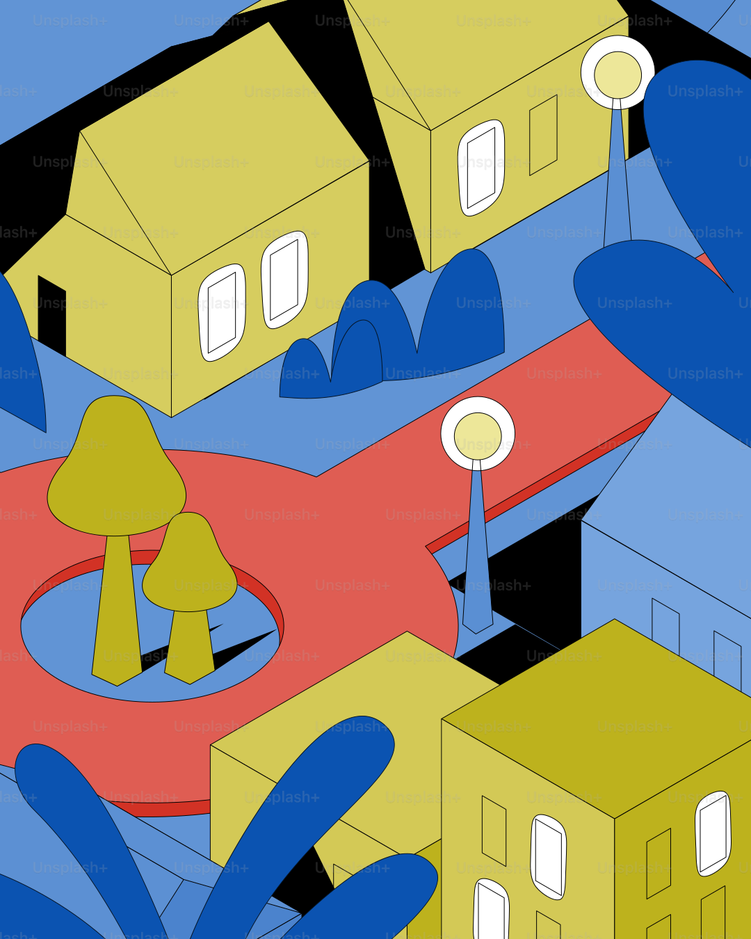 노란 건물과 파란 잎사귀가 어우러진 스타일화된 아이소메트릭 도시 경관.