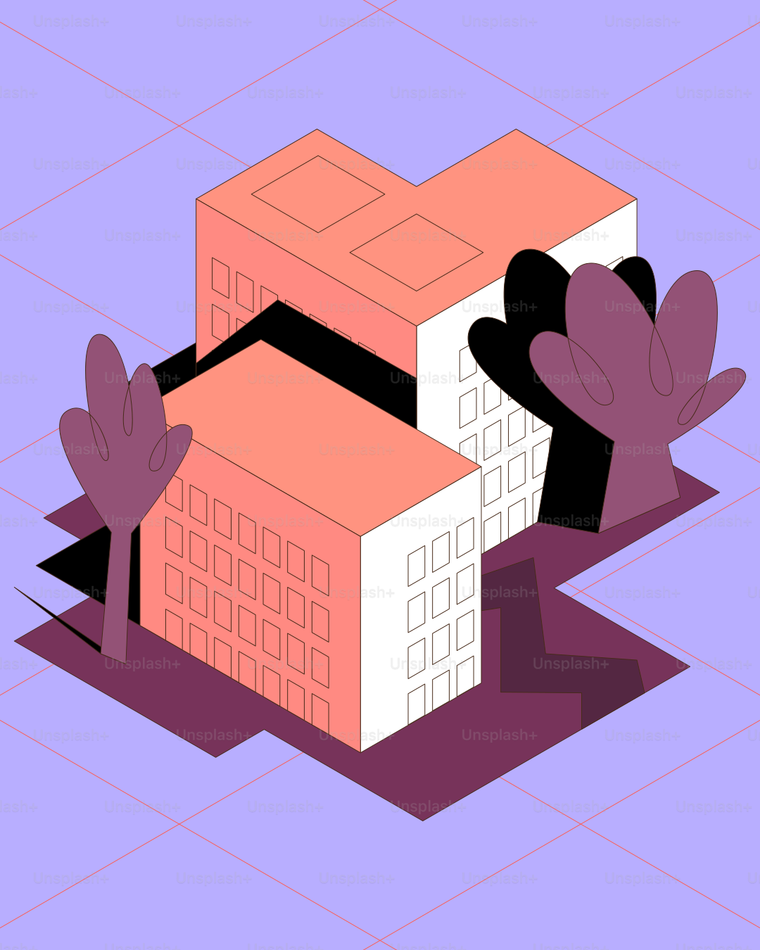 Isometrische Gebäude mit stilisierten Bäumen und Rastermustern.