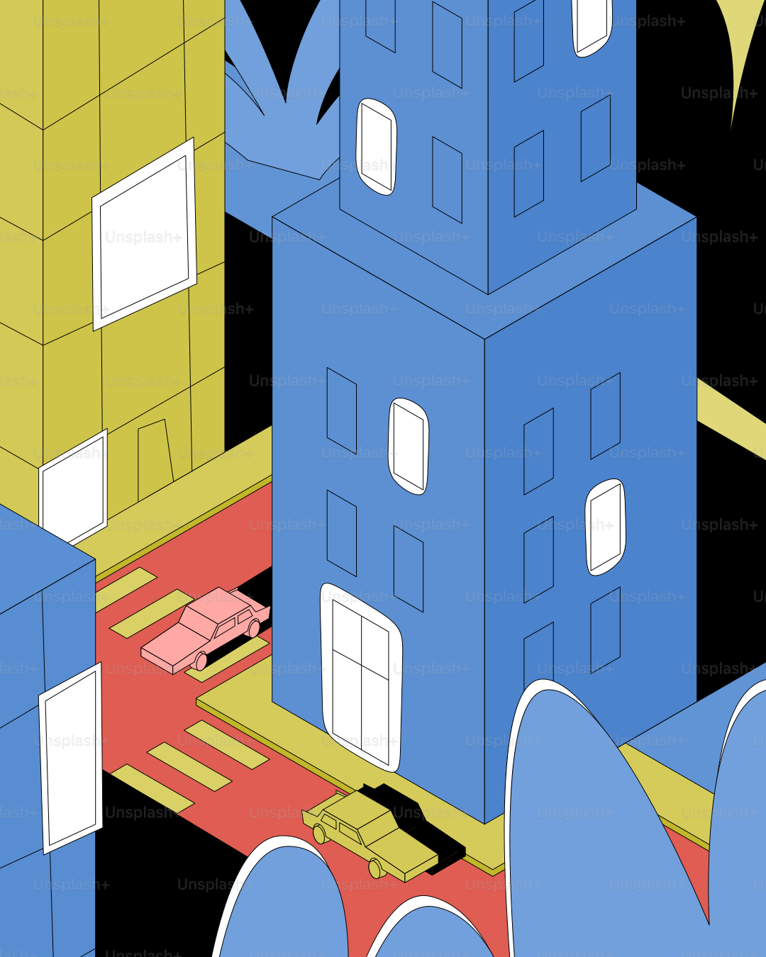 도로 위의 건물과 자동차가 있는 스타일화된 도시 풍경