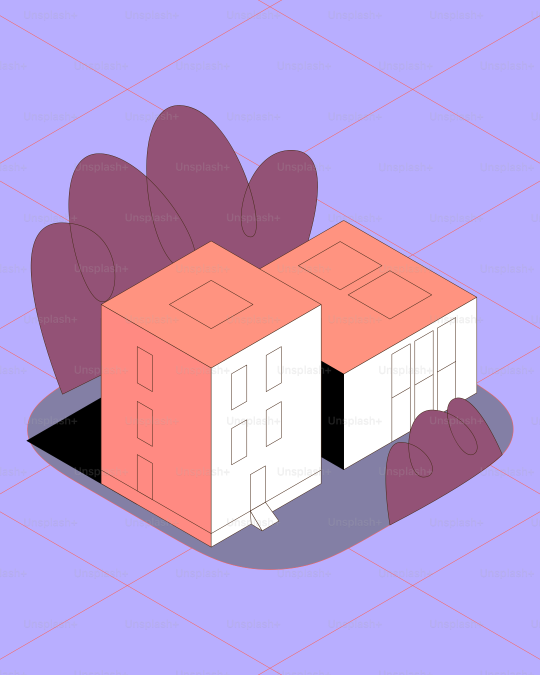 격자형 위에 추상화된 식물이 있는 등각 투영 건물