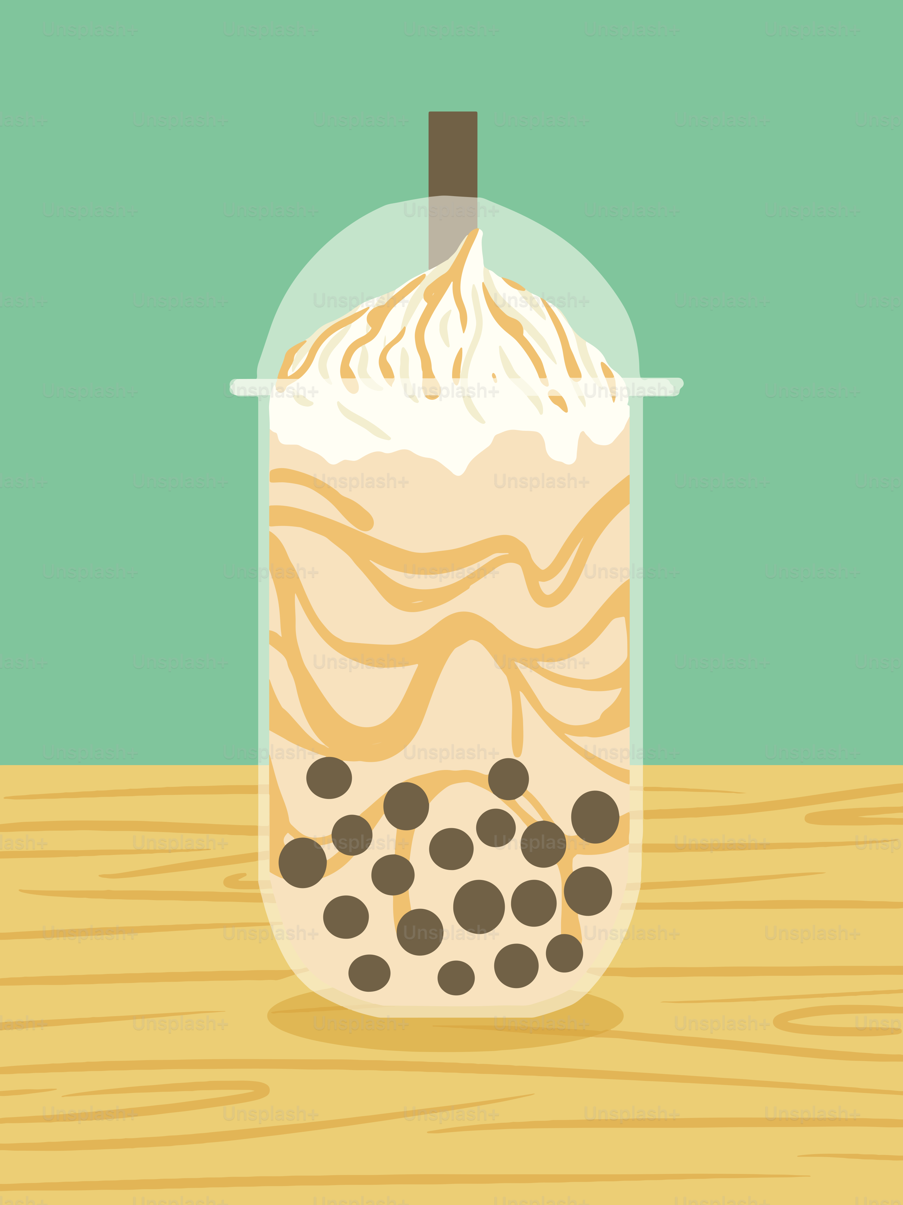 A tall glass of bubble tea with whipped cream.