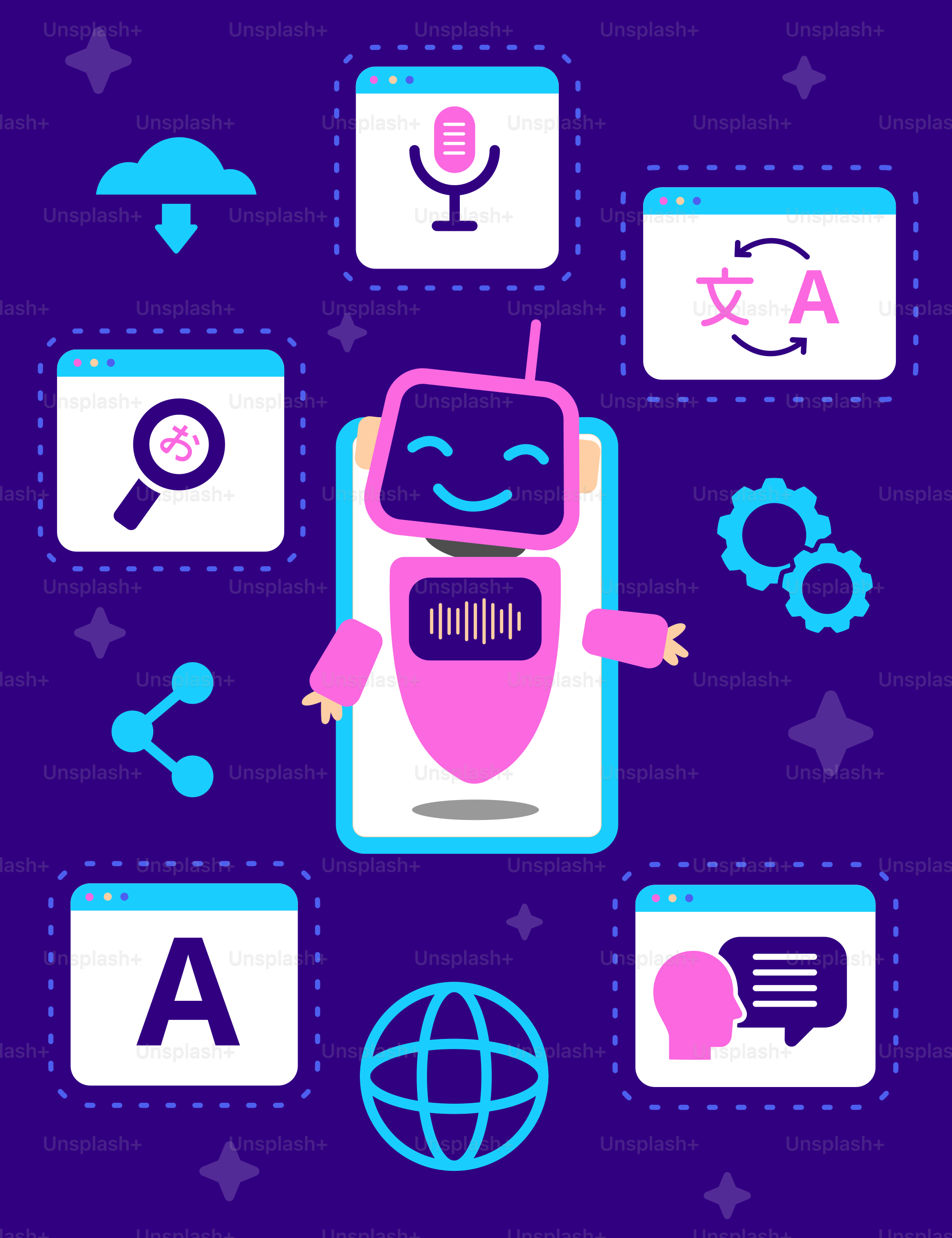 Robot surrounded by icons representing technology and communication