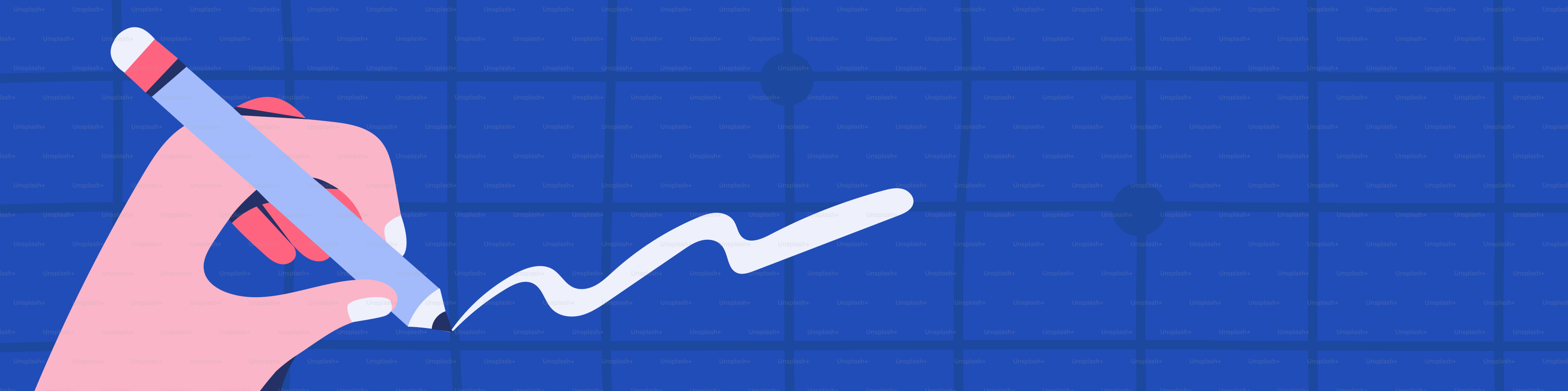 Hand drawing a white wavy line on blue grid