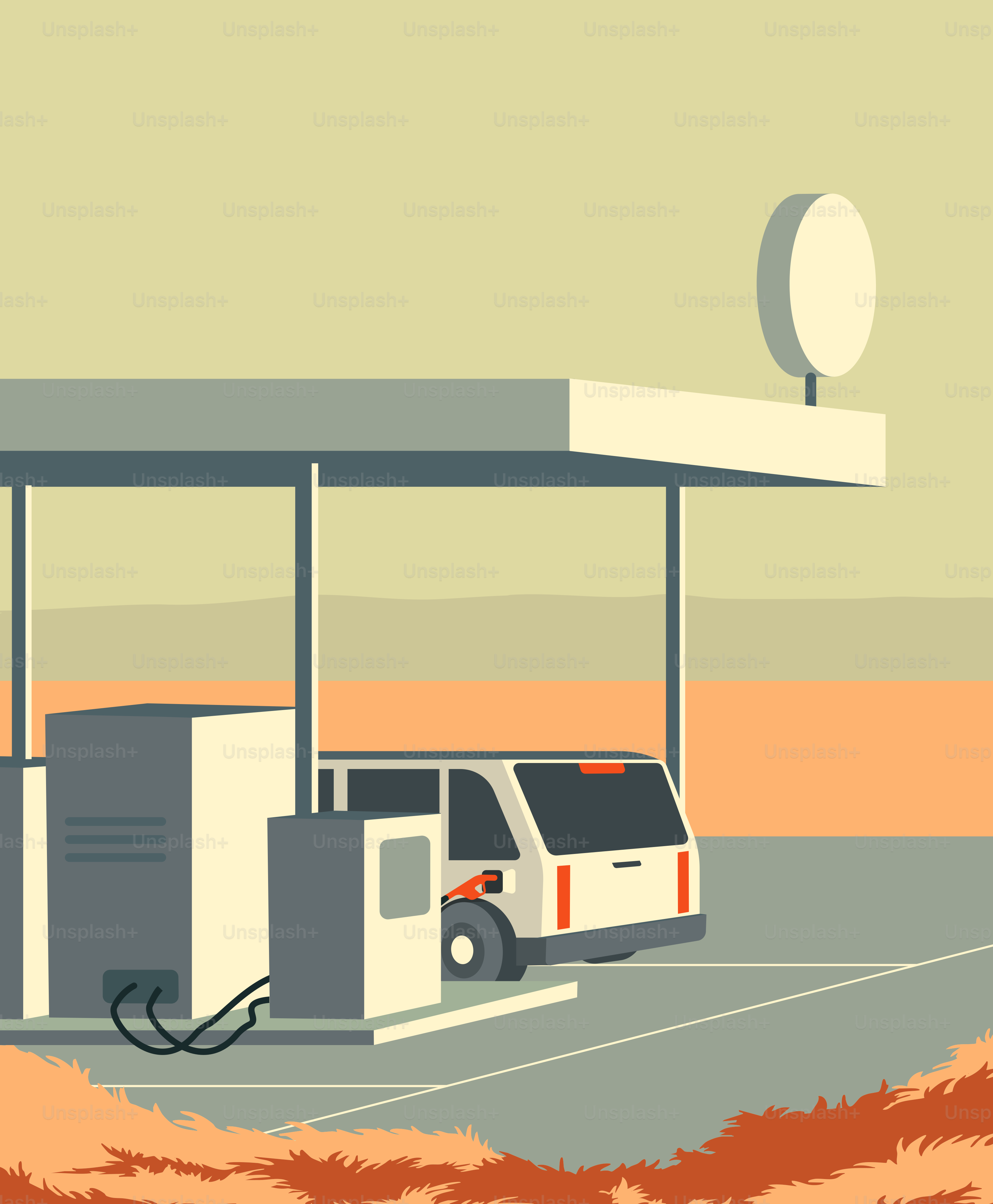 Ravitaillement en camionnette dans une station-service minimaliste