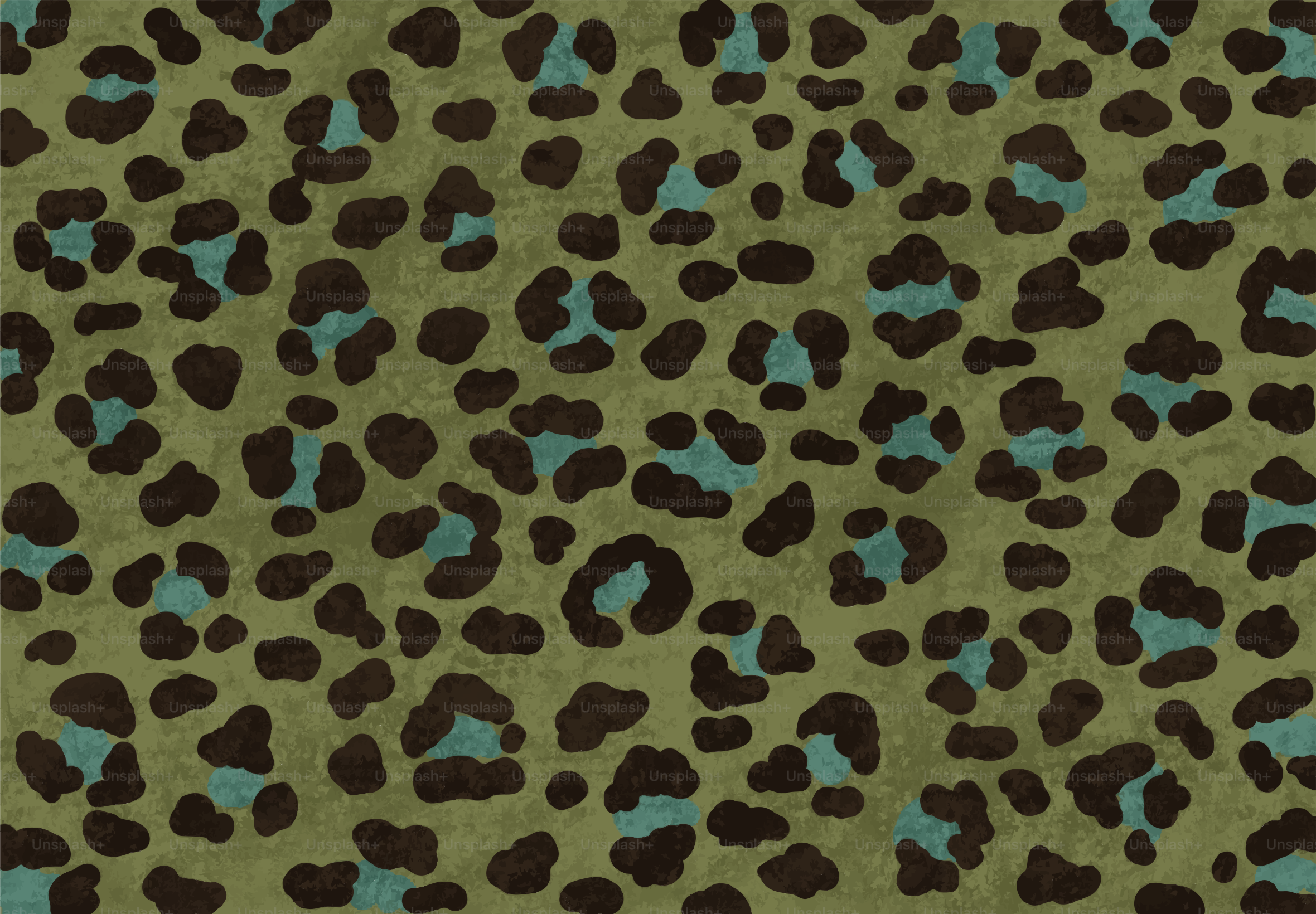 A green leopard print pattern with brown and blue spots