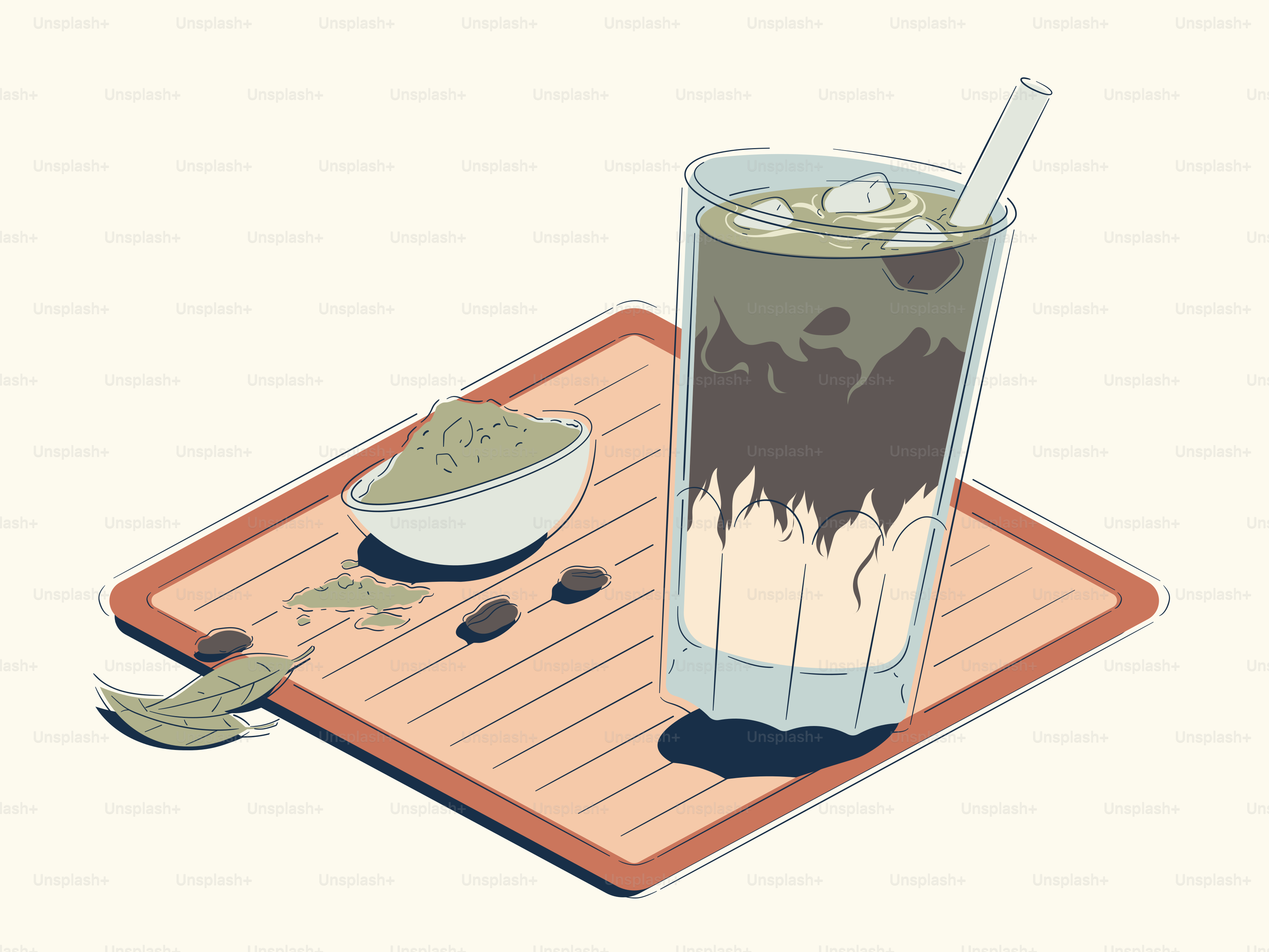 Iced matcha latte with coffee and beans
