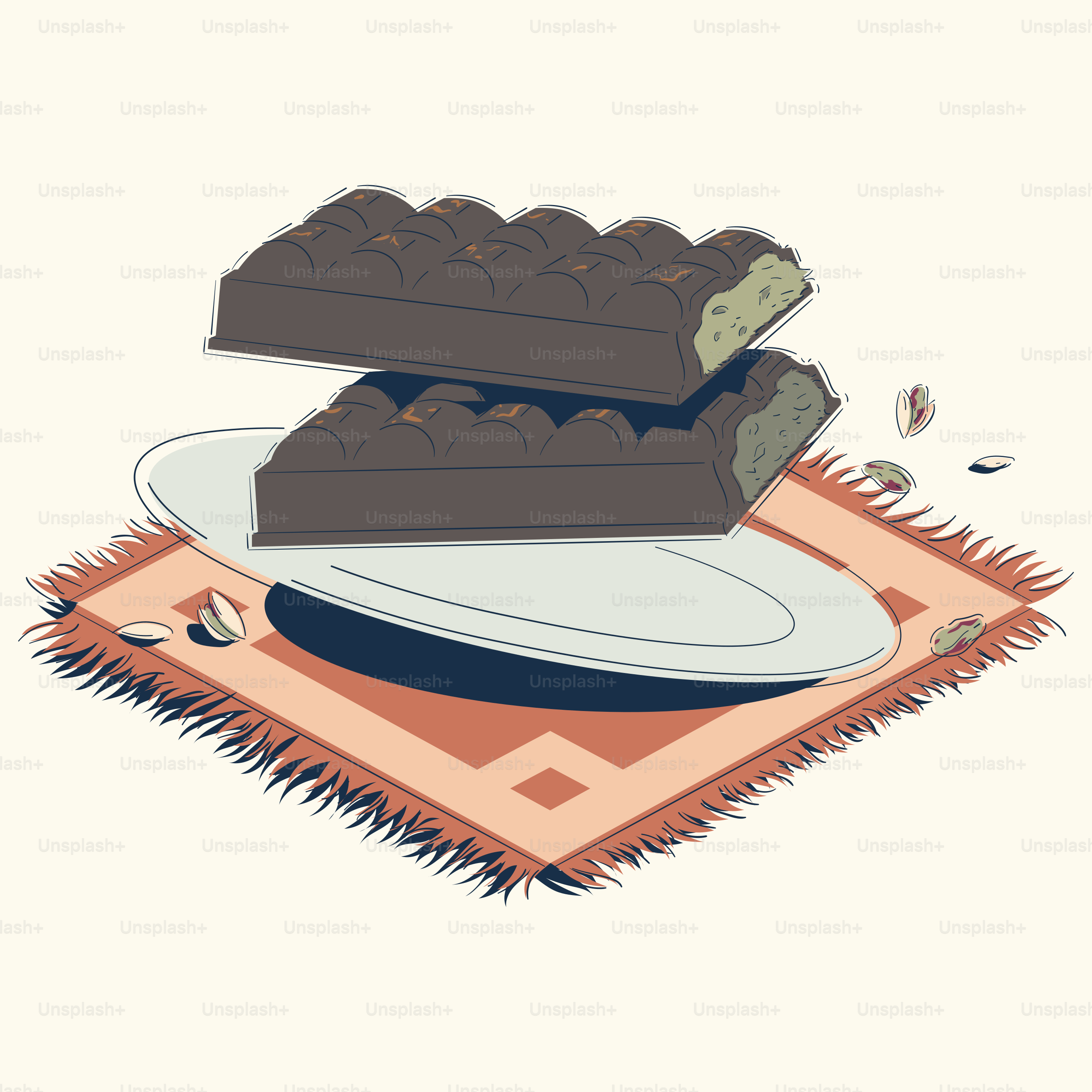 Two chocolate bars on a plate with pistachios.