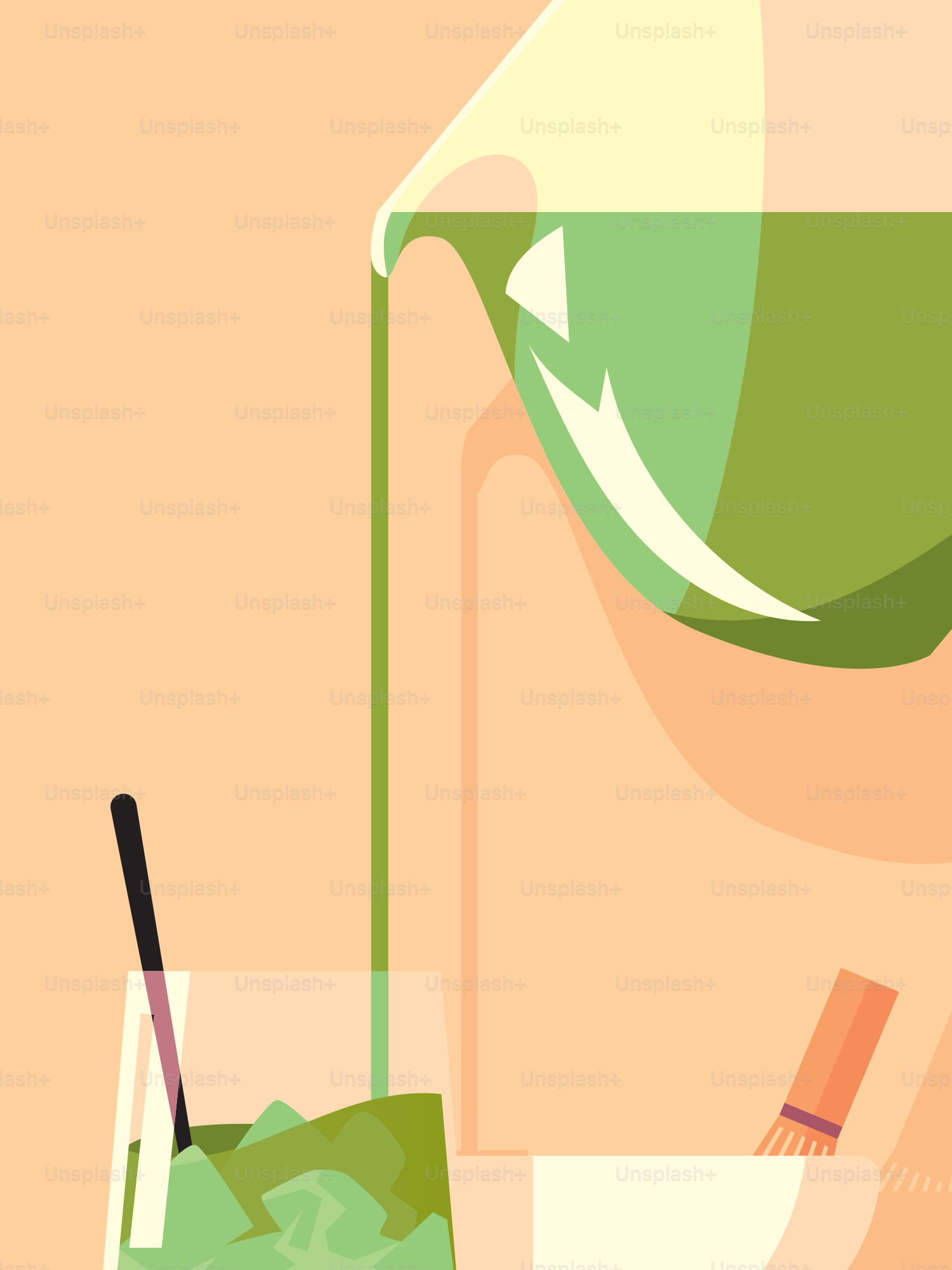 Green liquid being poured into a glass with ice.