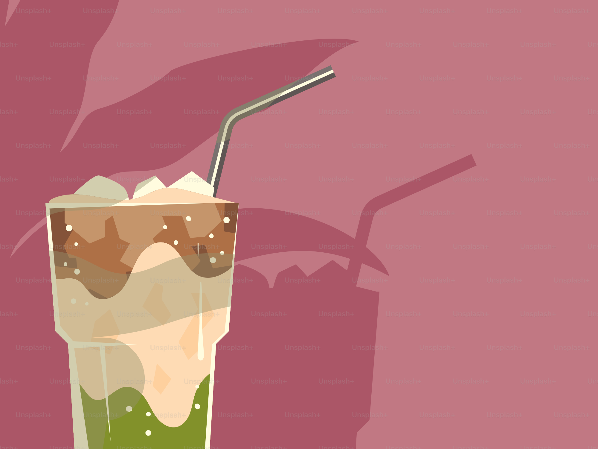 Ein geschichtetes Getränk mit Eis und Strohhalmen