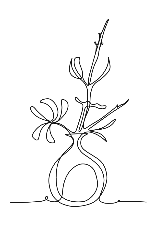 花瓶の中の花をミニマリストな線画で