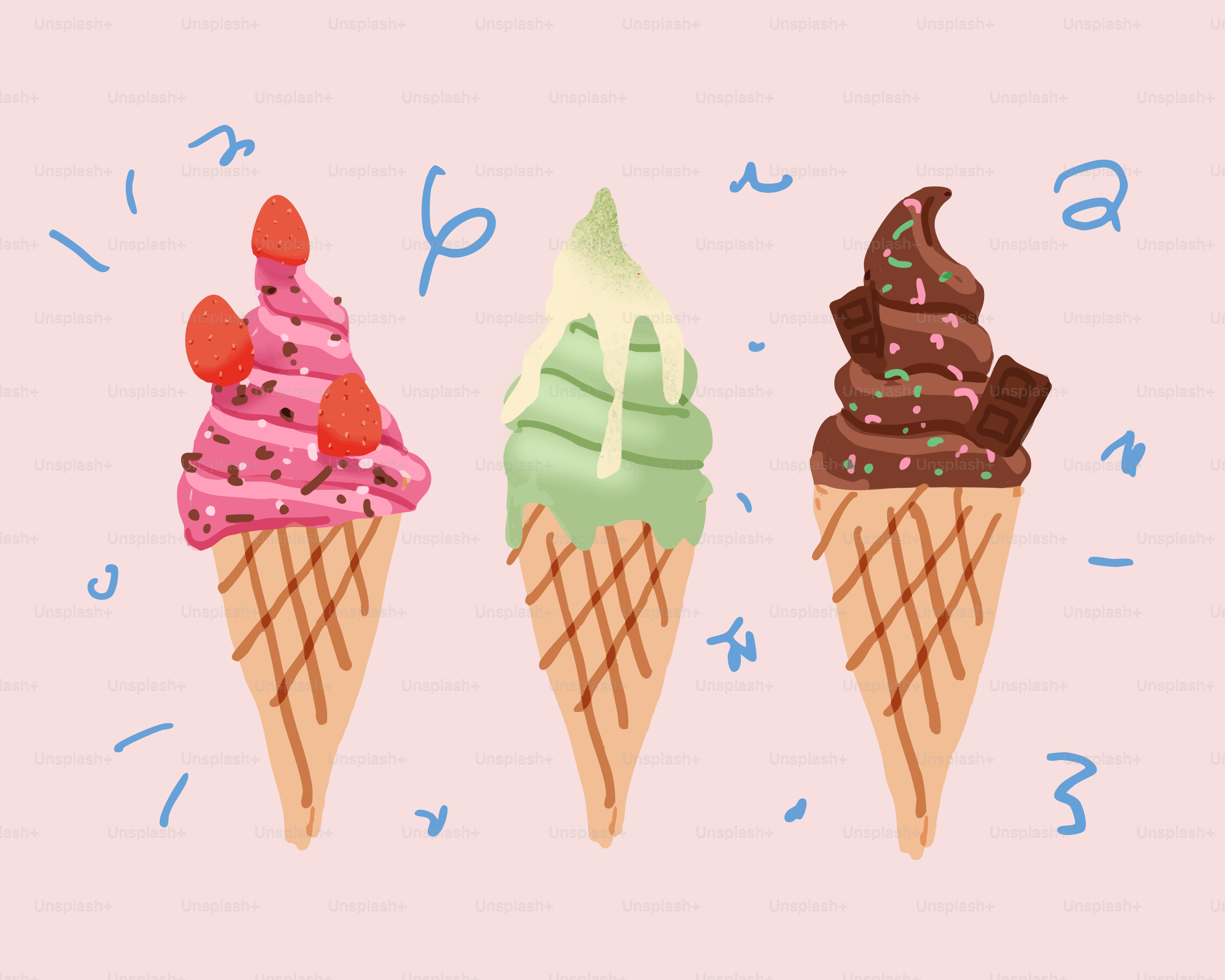 Trois cornets de glace avec des garnitures sur fond rose