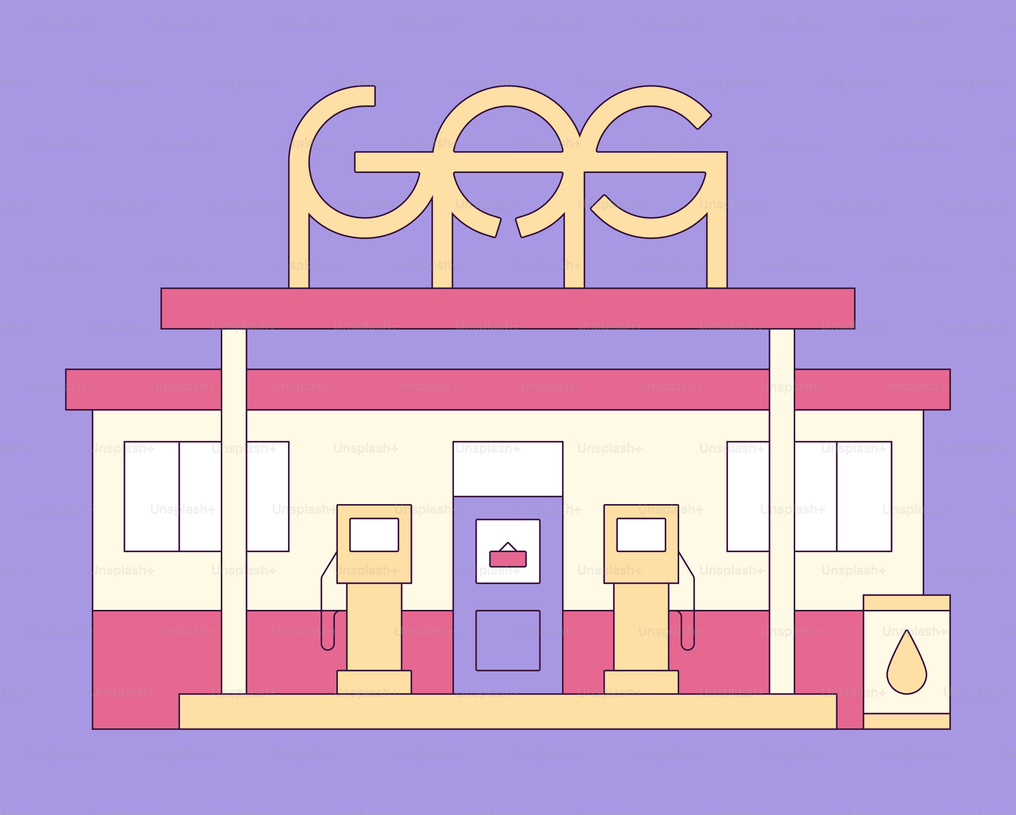 Gas station with two pumps and a sign