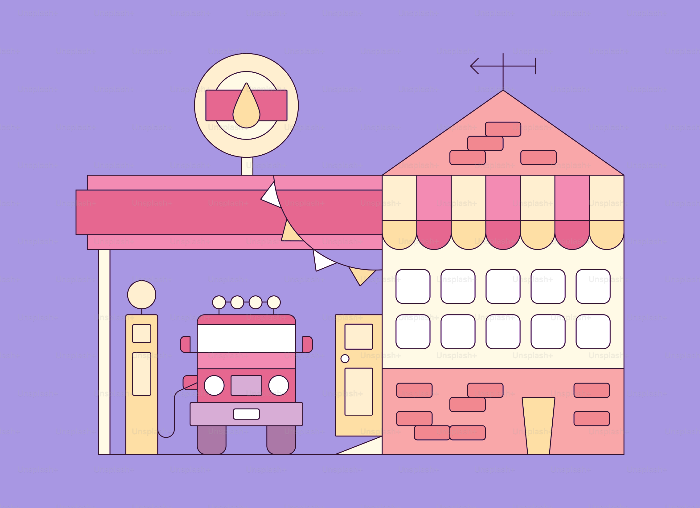 A red truck at a cartoon gas station