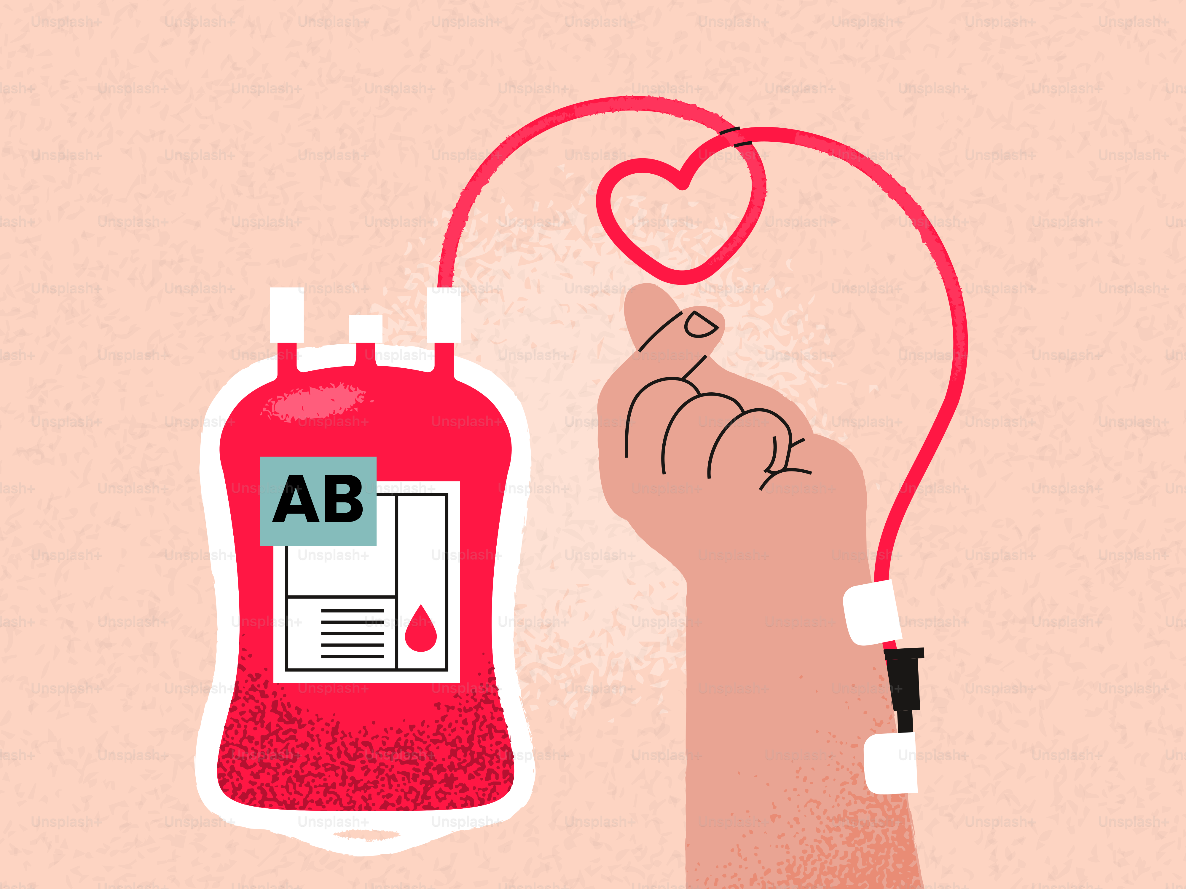 Blood bag with ab blood type connected to arm