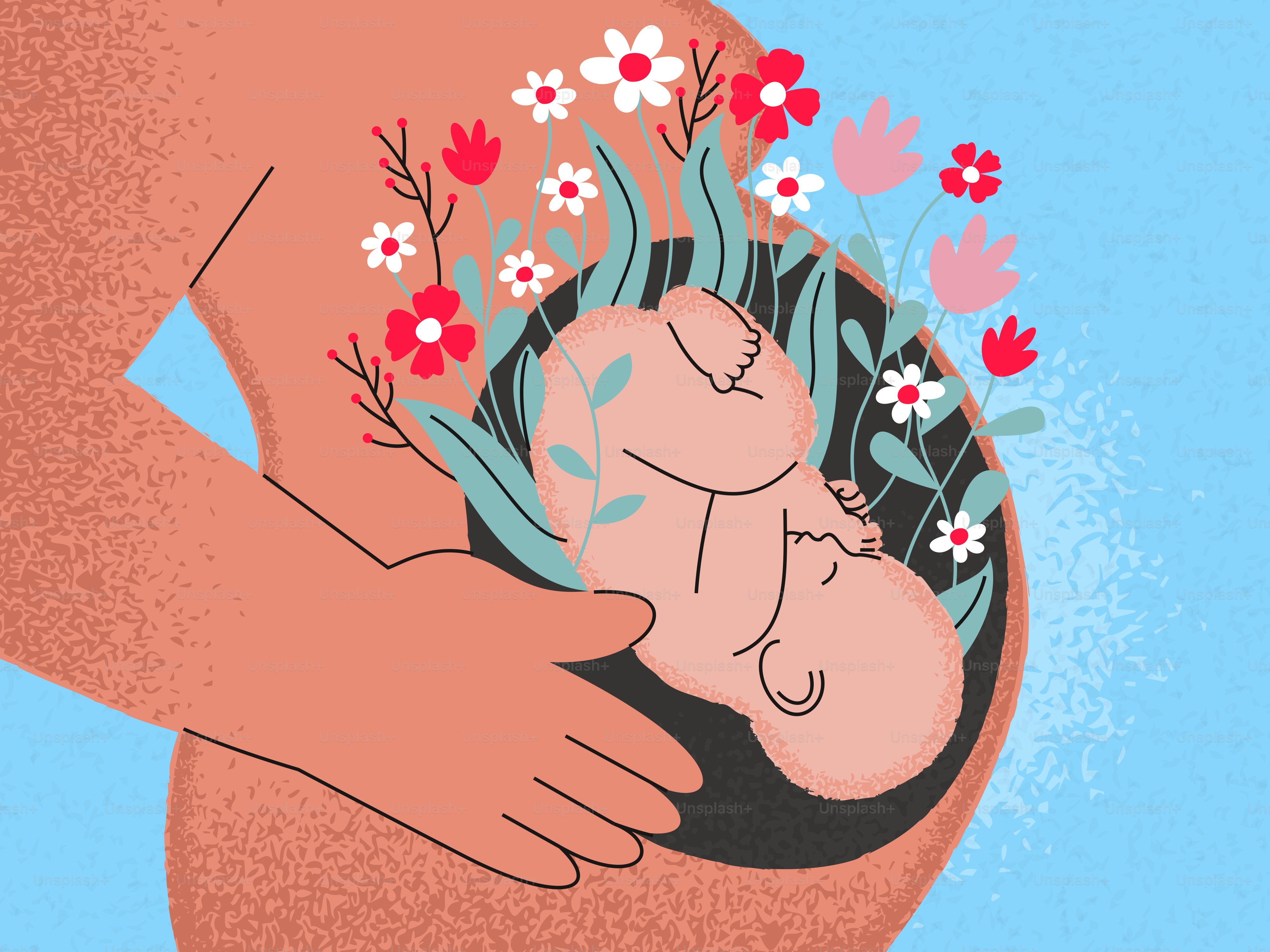 Schwangerer Bauch mit Fötus, umgeben von Blumen