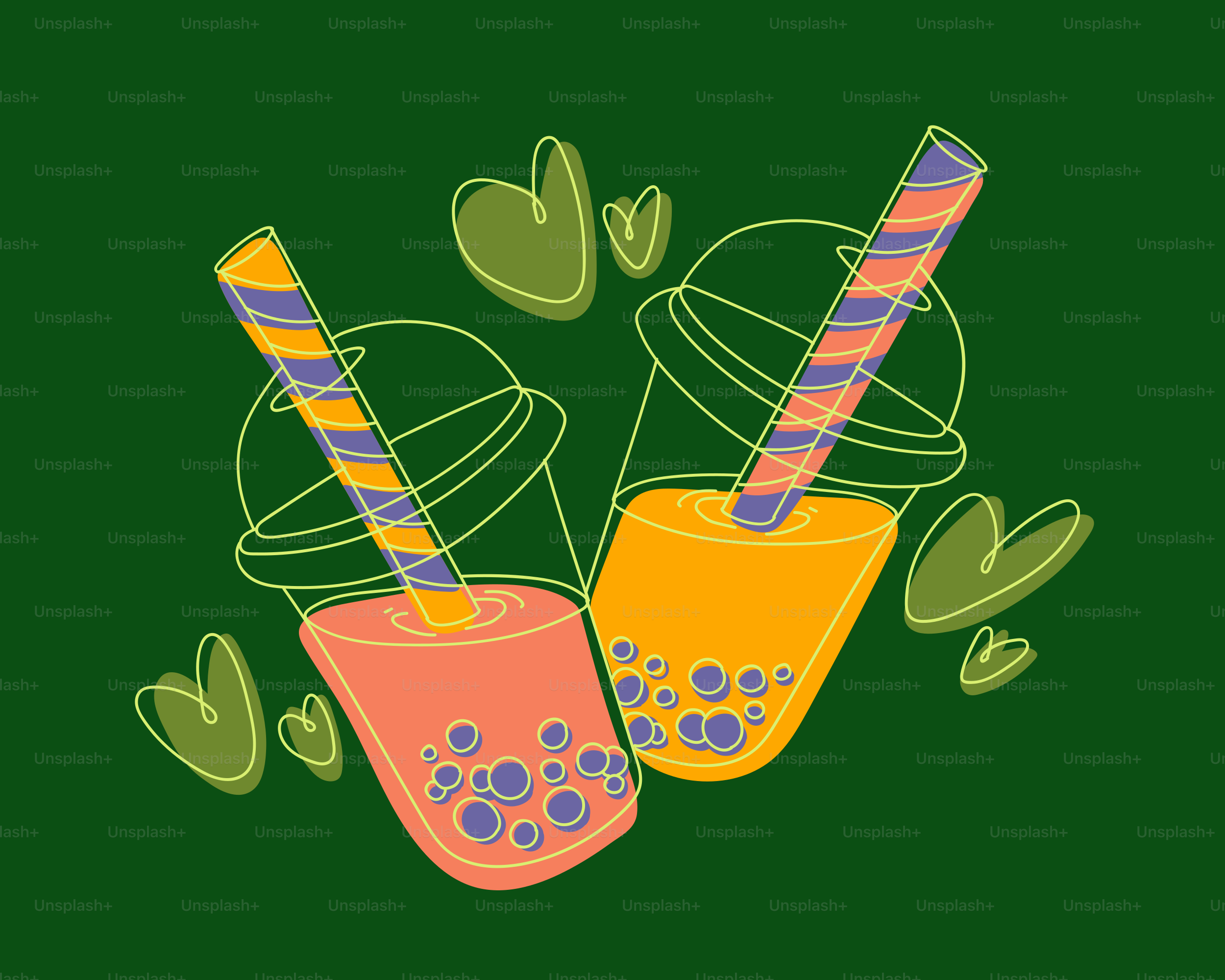 Two colorful bubble tea drinks with hearts