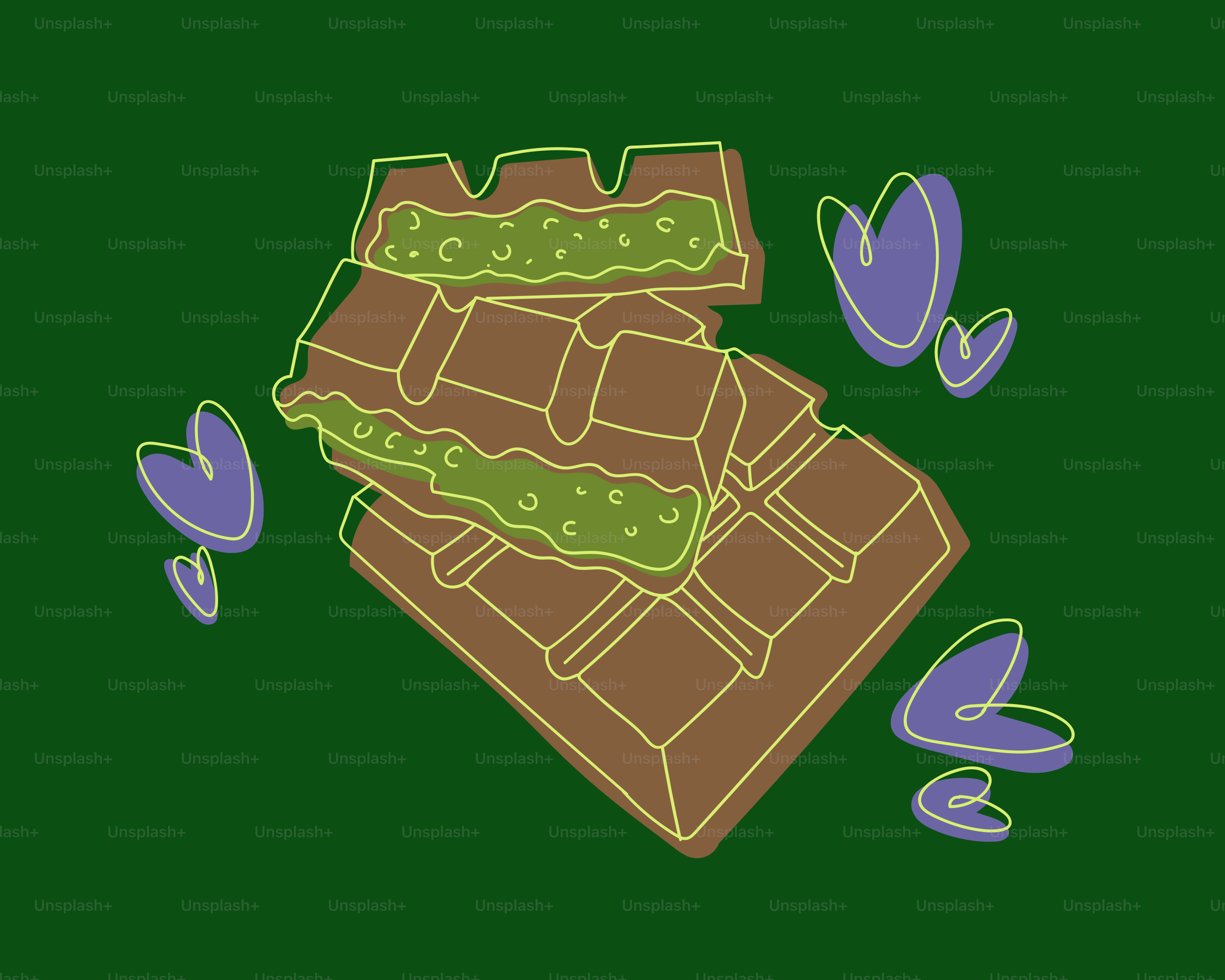 Barras de chocolate com recheio verde e copas roxos.