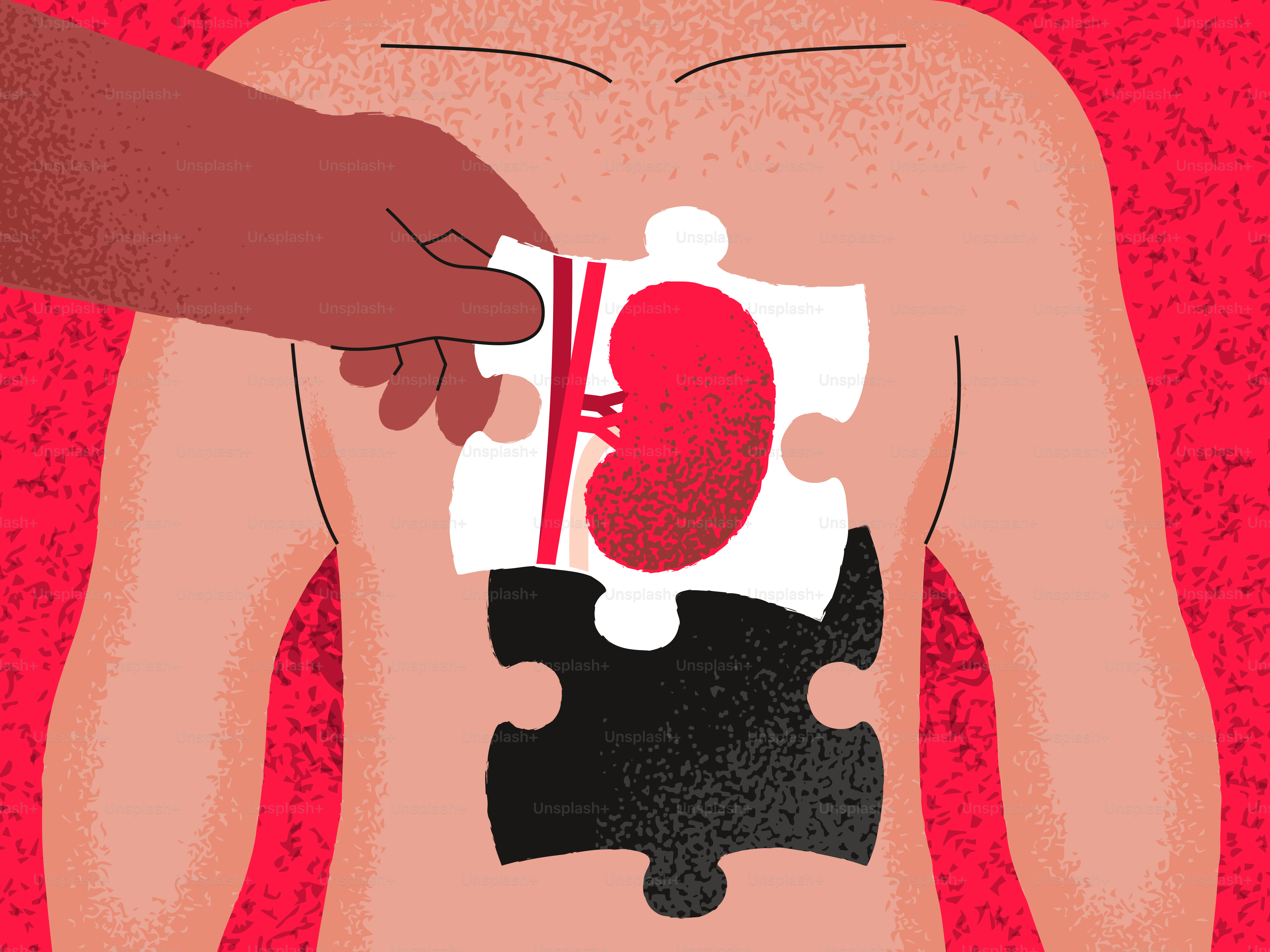 Hand placing kidney puzzle piece into torso