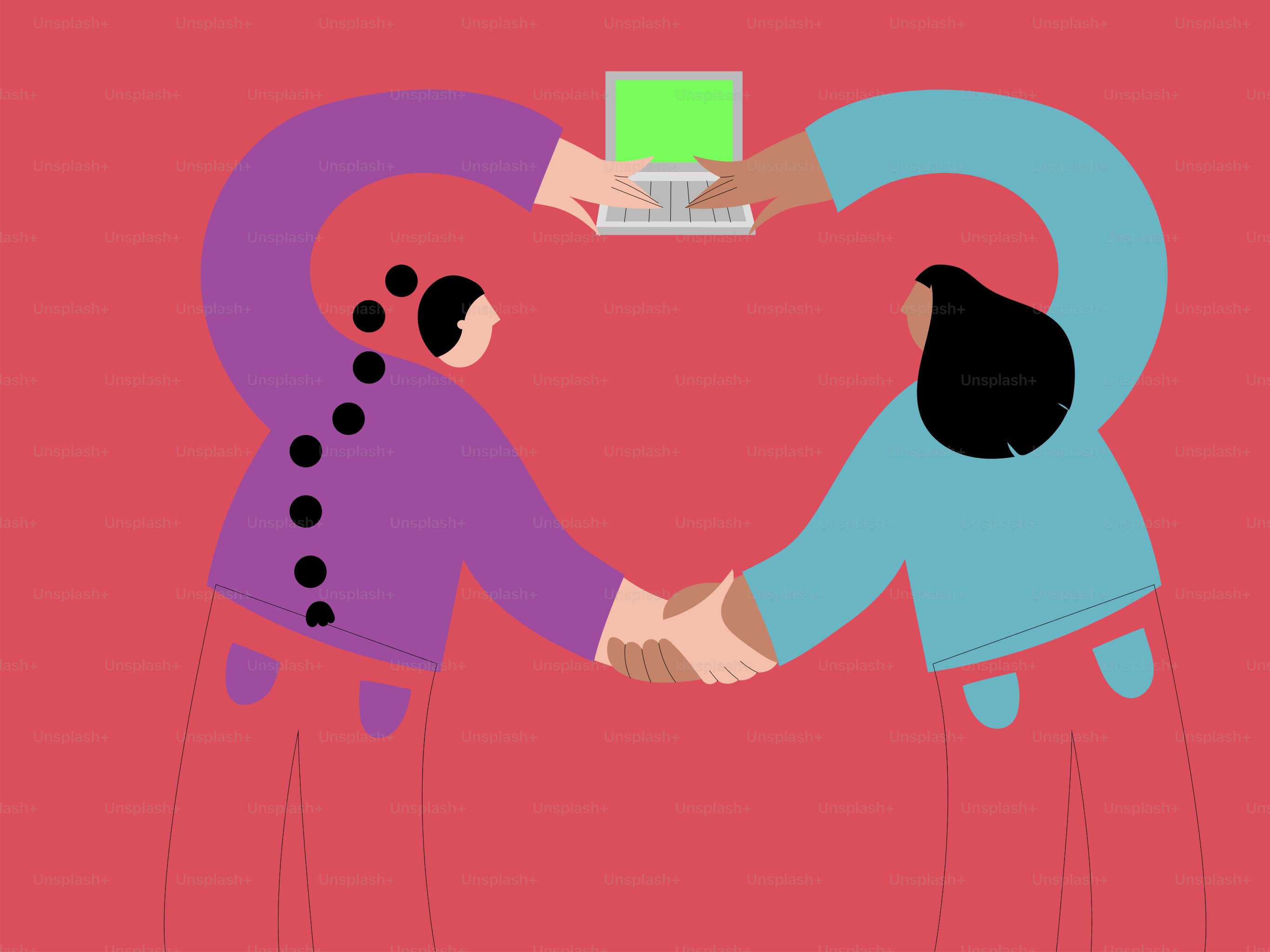 Zwei Menschen, die eine Herzform bilden und sich einen Laptop teilen.