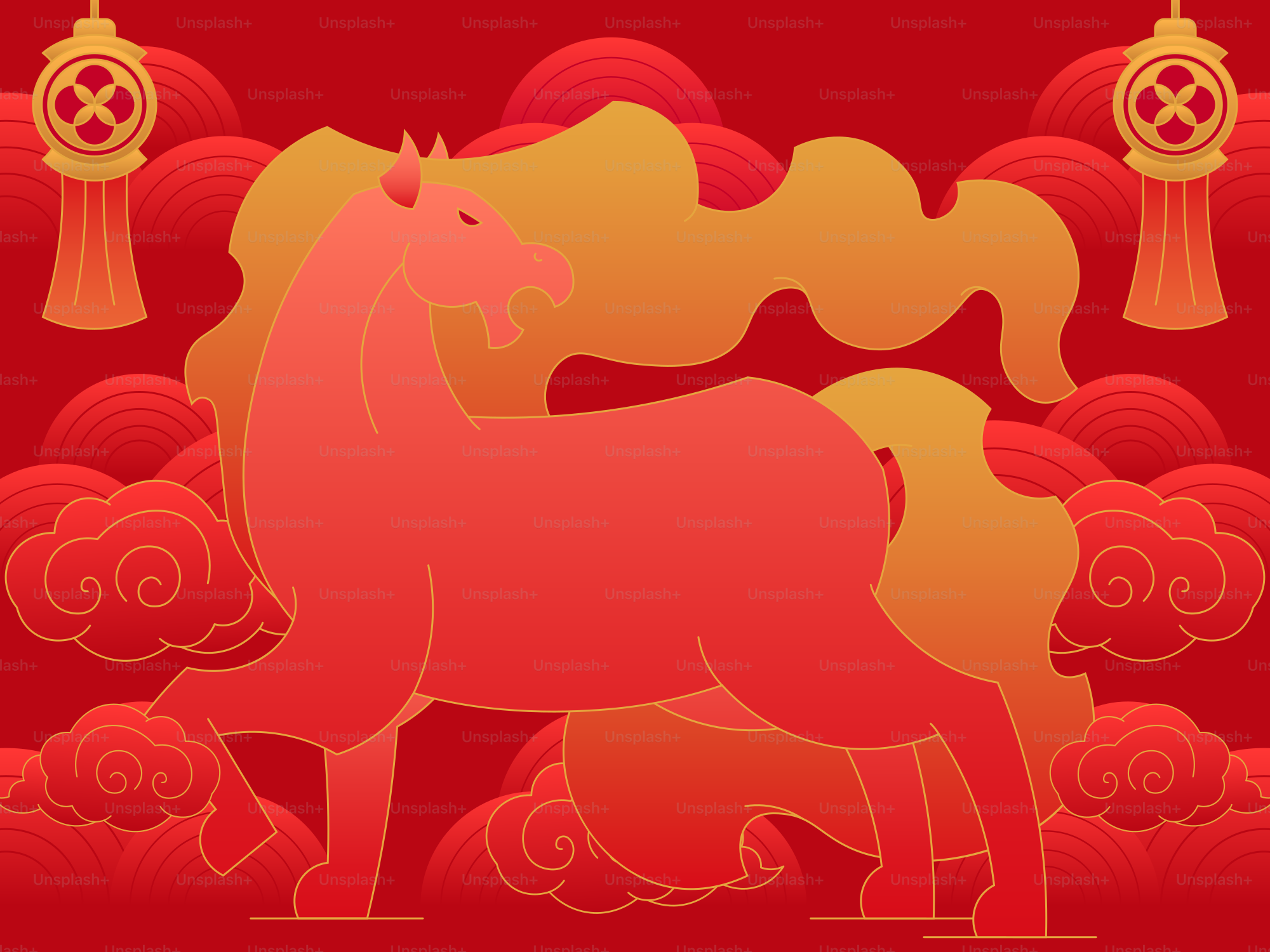 A stylized red horse with flowing mane and tail.