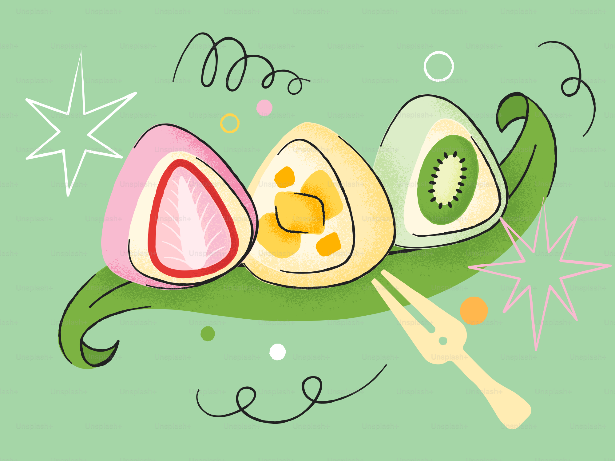 Tres postres de mochi con relleno de fruta sobre fondo verde