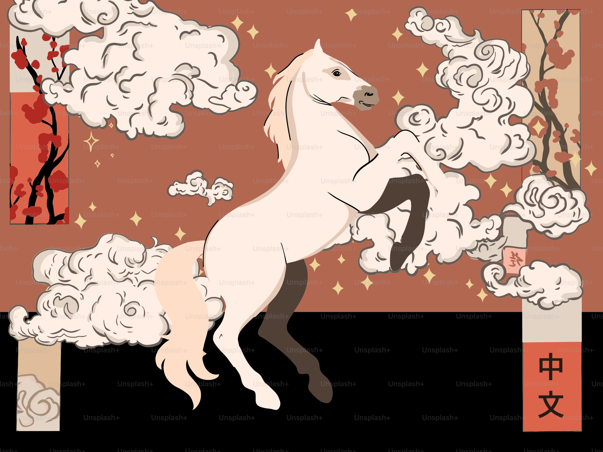 A white horse rears up amidst clouds and cherry blossoms.