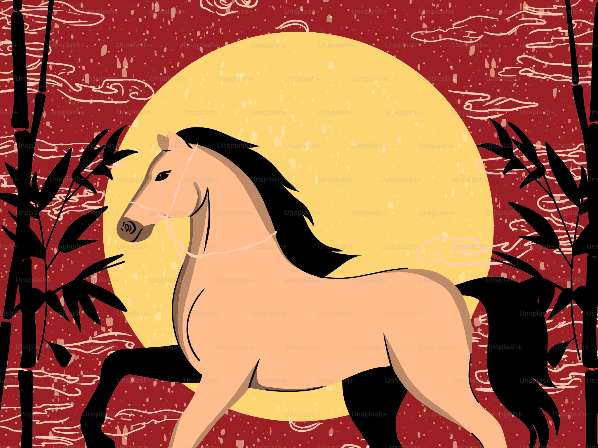 A horse with a yellow moon and bamboo.