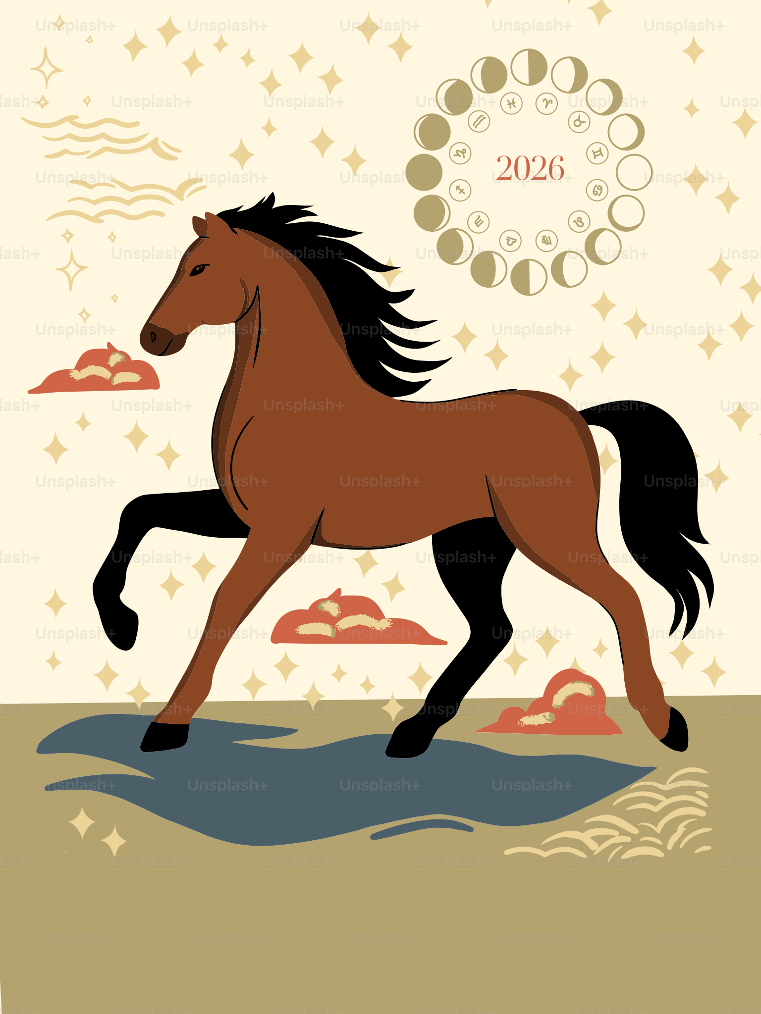 Brown horse with black mane and tail, 2026 moon phases.