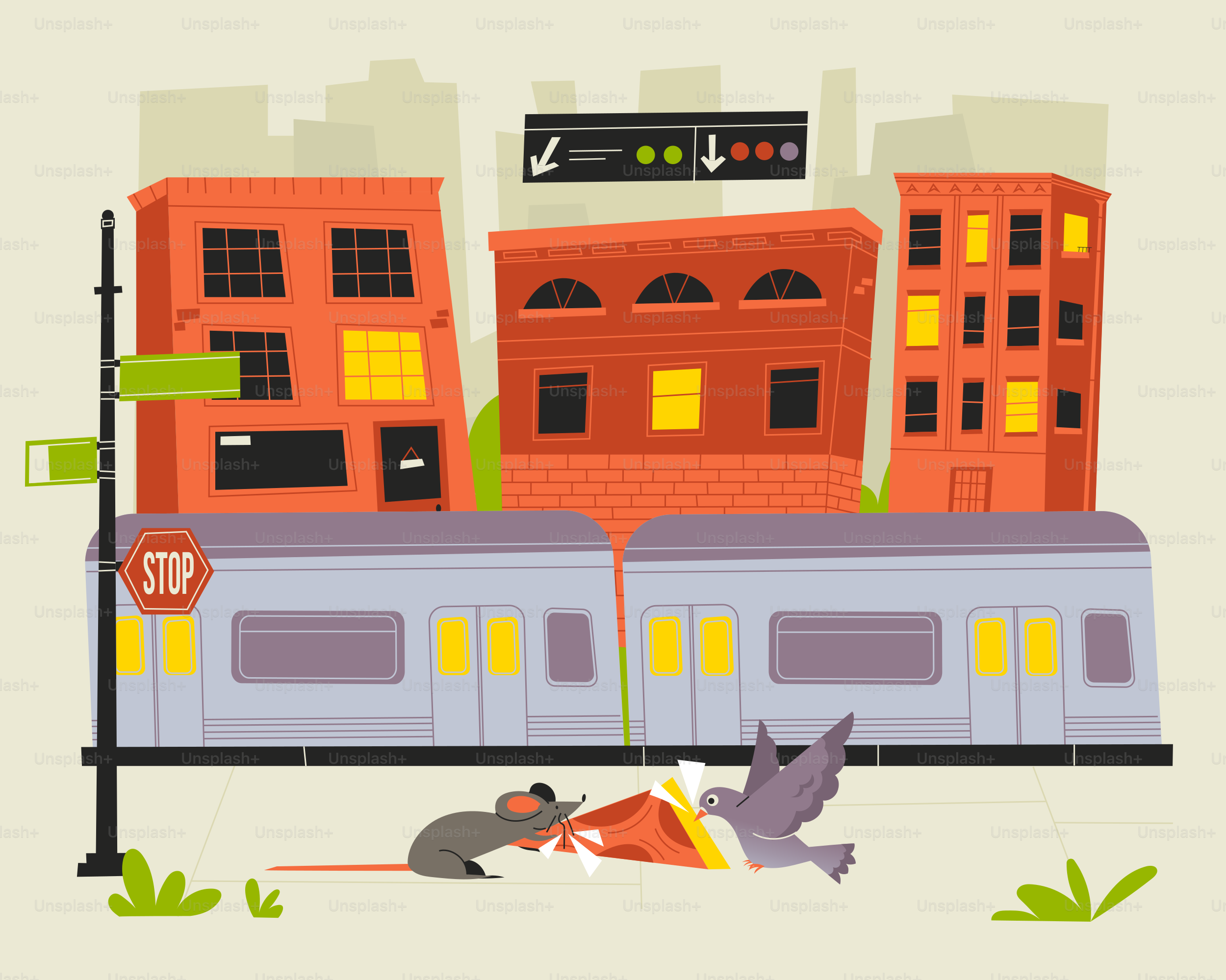 A mouse and pigeon interact near a subway.