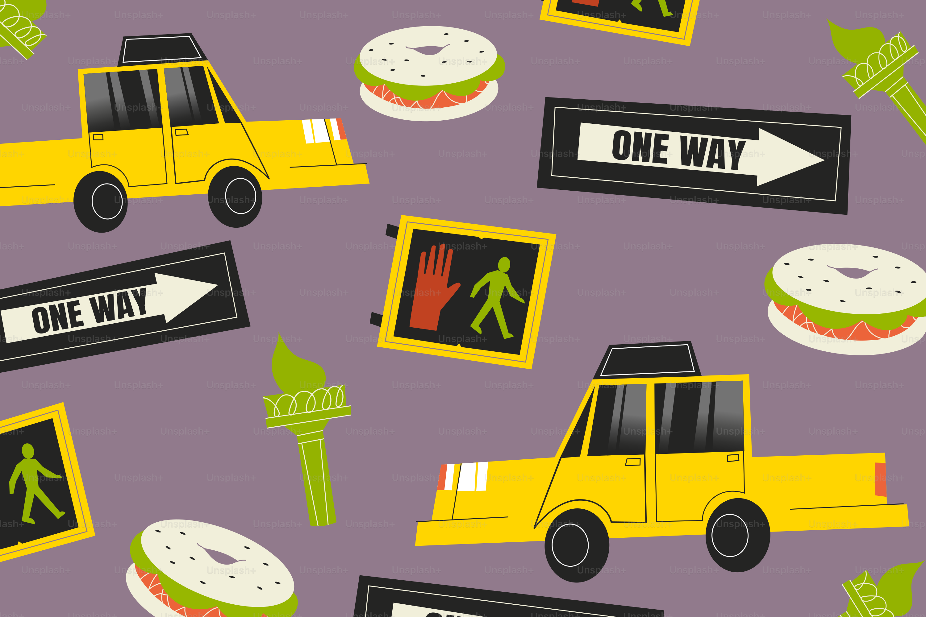 New york city icons: taxi, bagel, and traffic signs