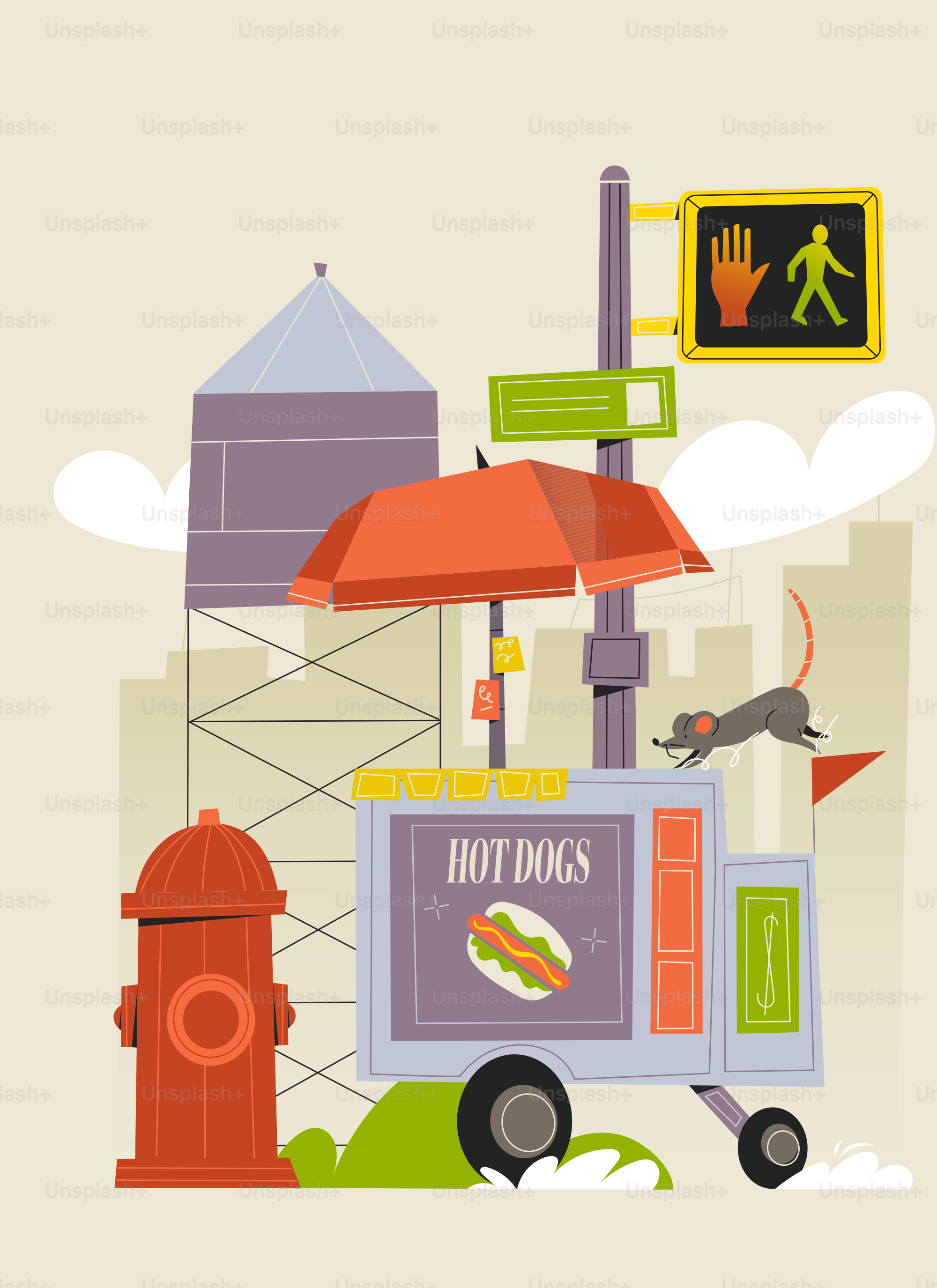 Hot dog cart with a running mouse and fire hydrant.
