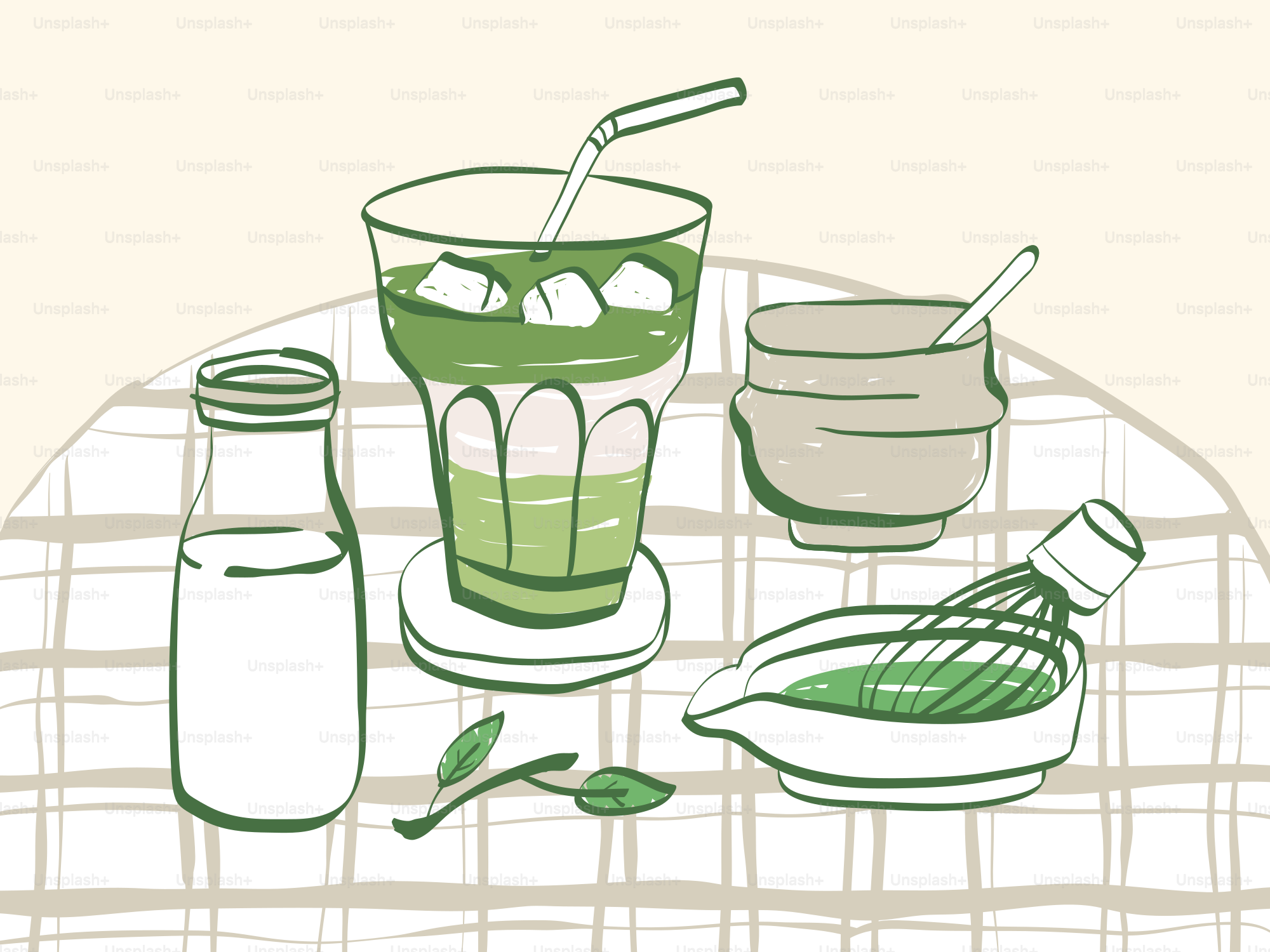 Matcha tea preparation with milk and tools