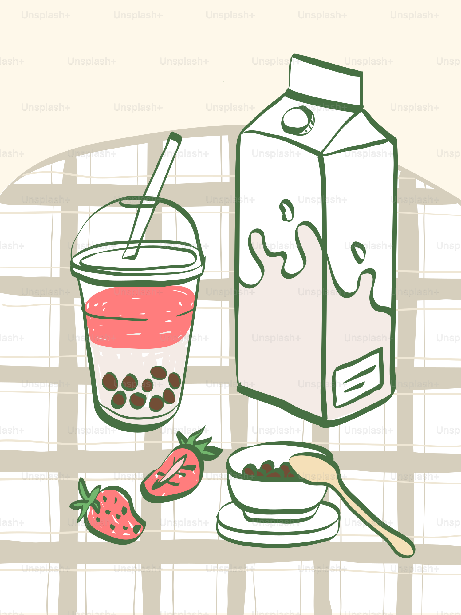 Strawberry bubble tea with milk and fresh strawberries.