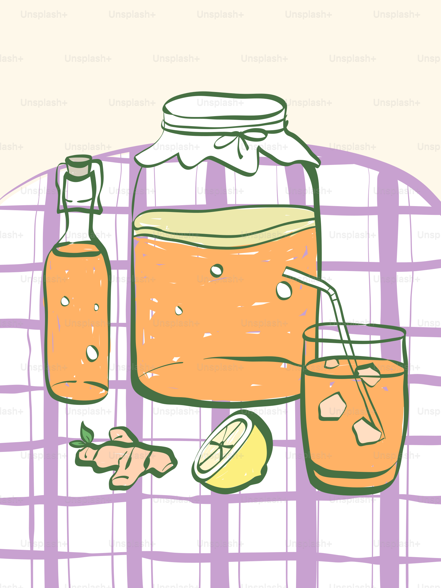 Kombucha mit Ingwer und Zitrone auf kariertem Tuch