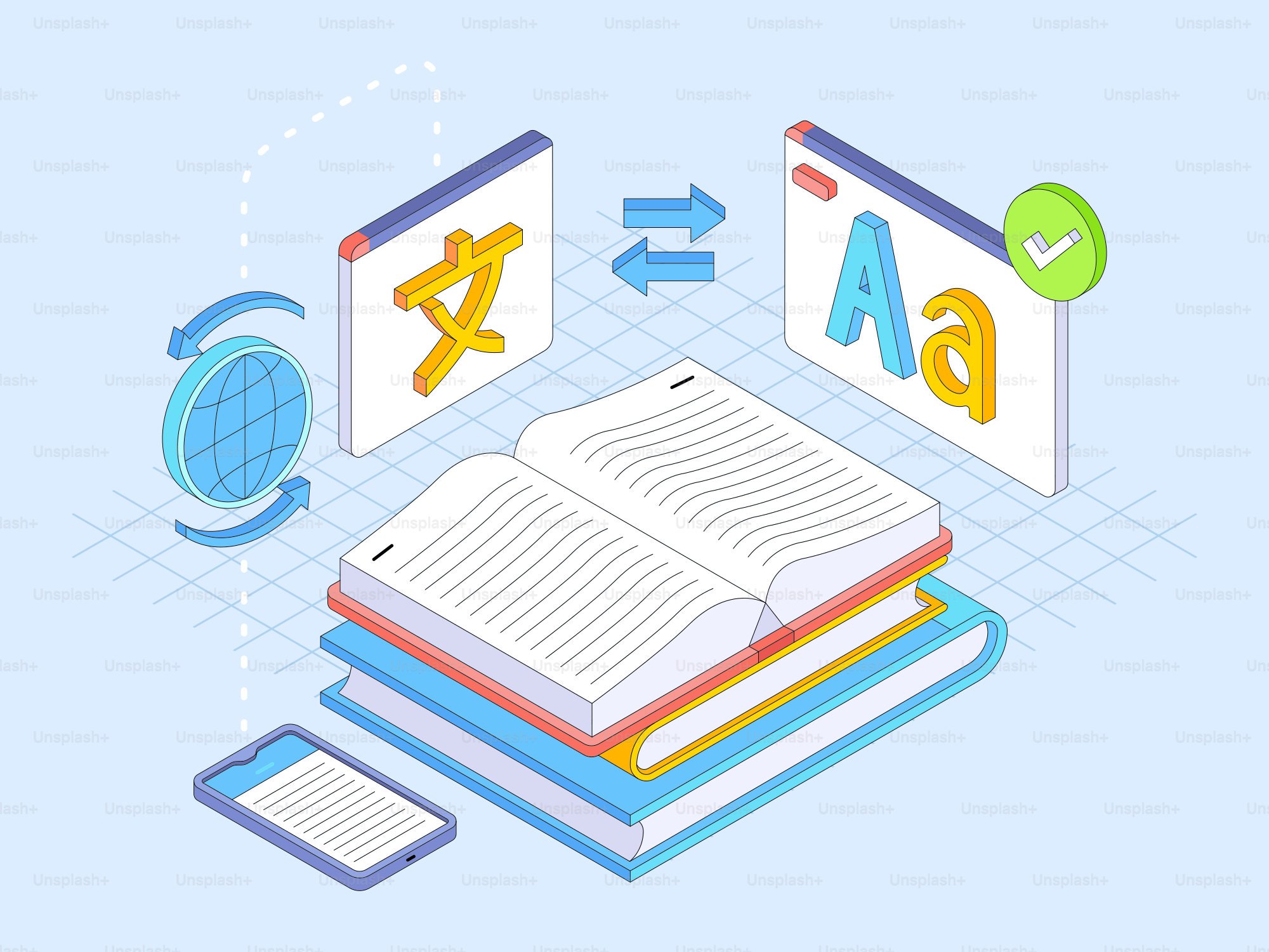 Online translation concept with books and devices.