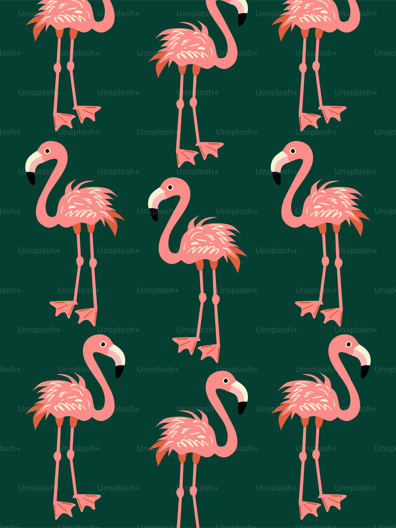 Pattern of pink flamingos on a dark green background
