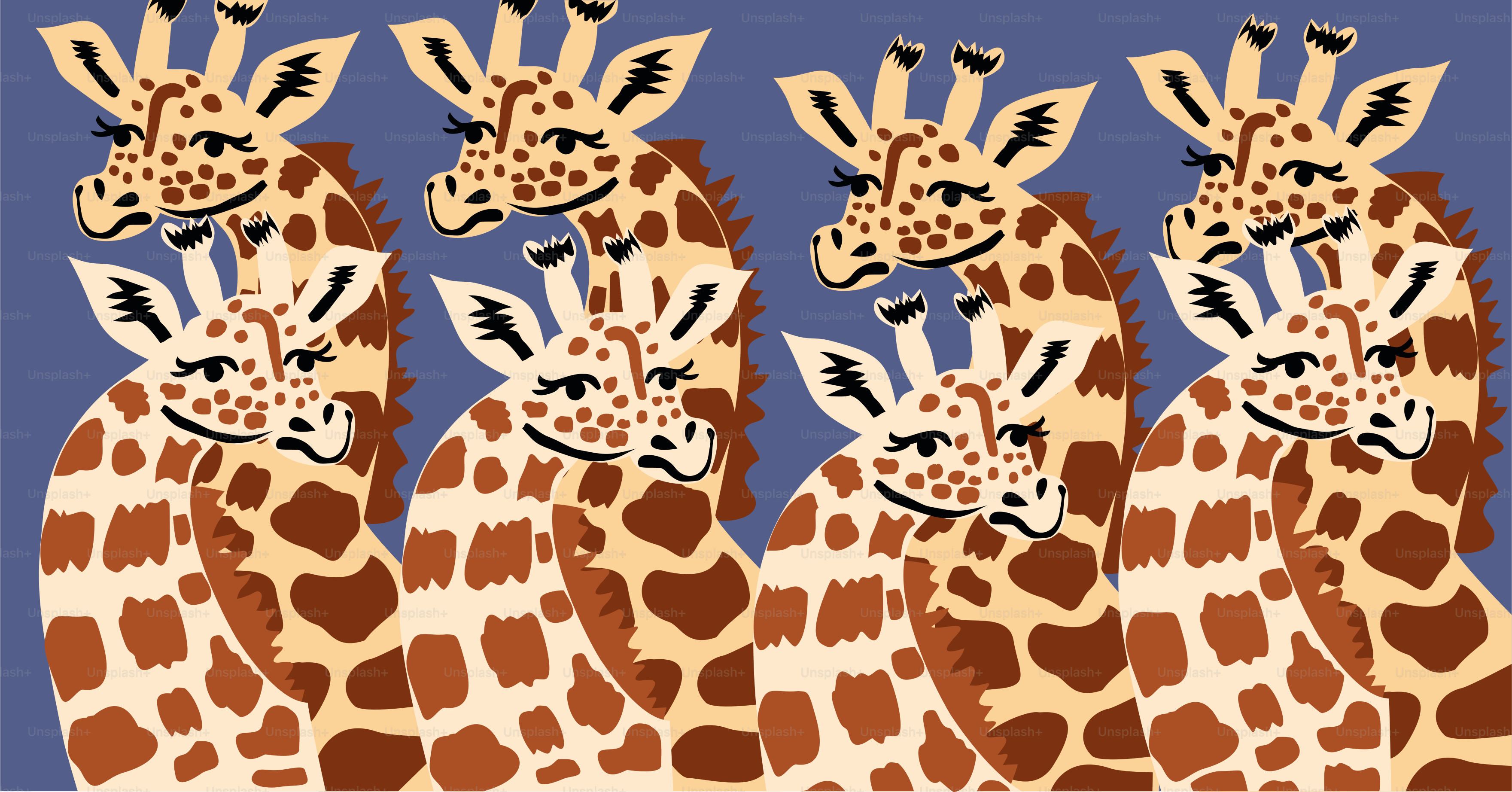 Several giraffes with patterned coats stand closely together.