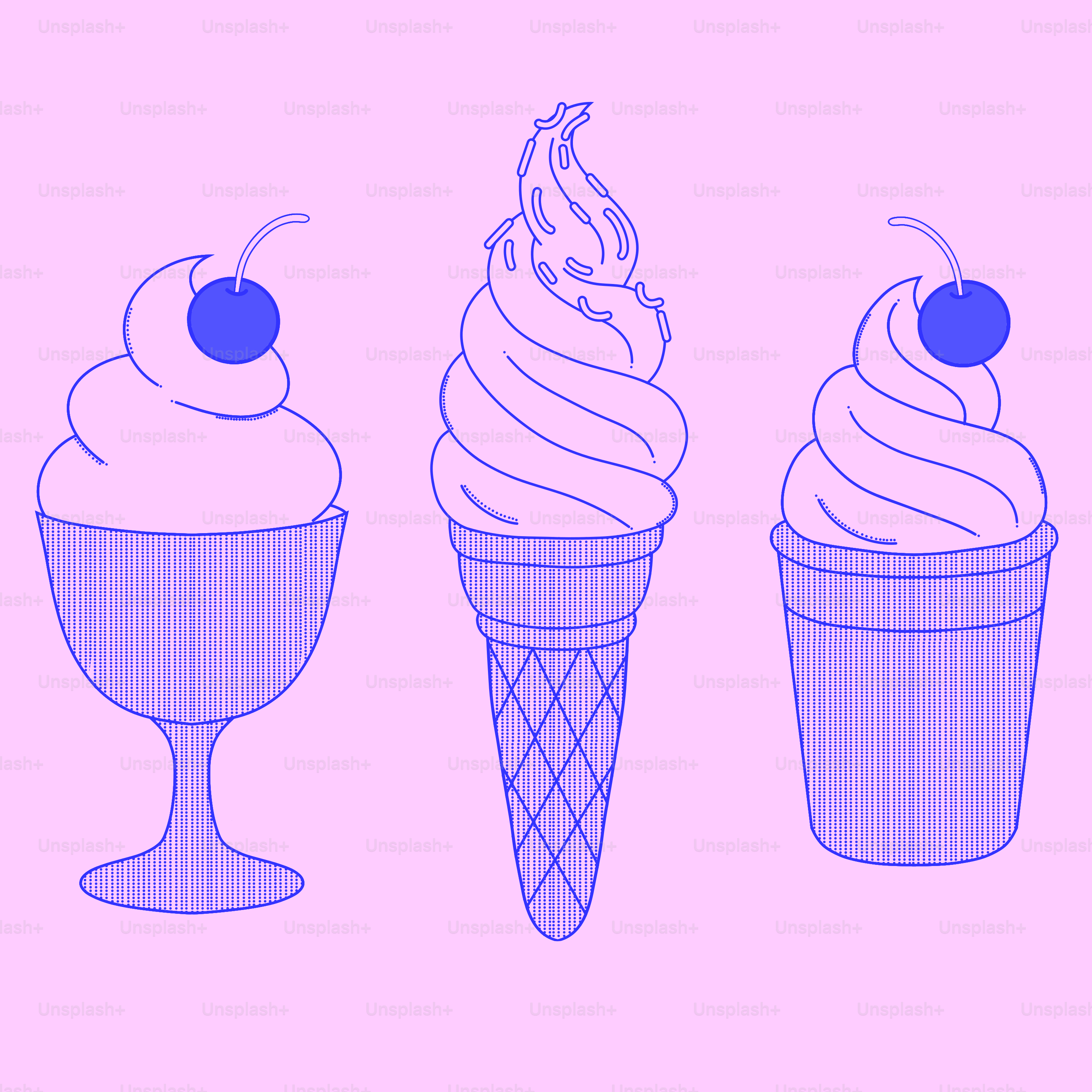 Three stylized ice cream desserts with cherries