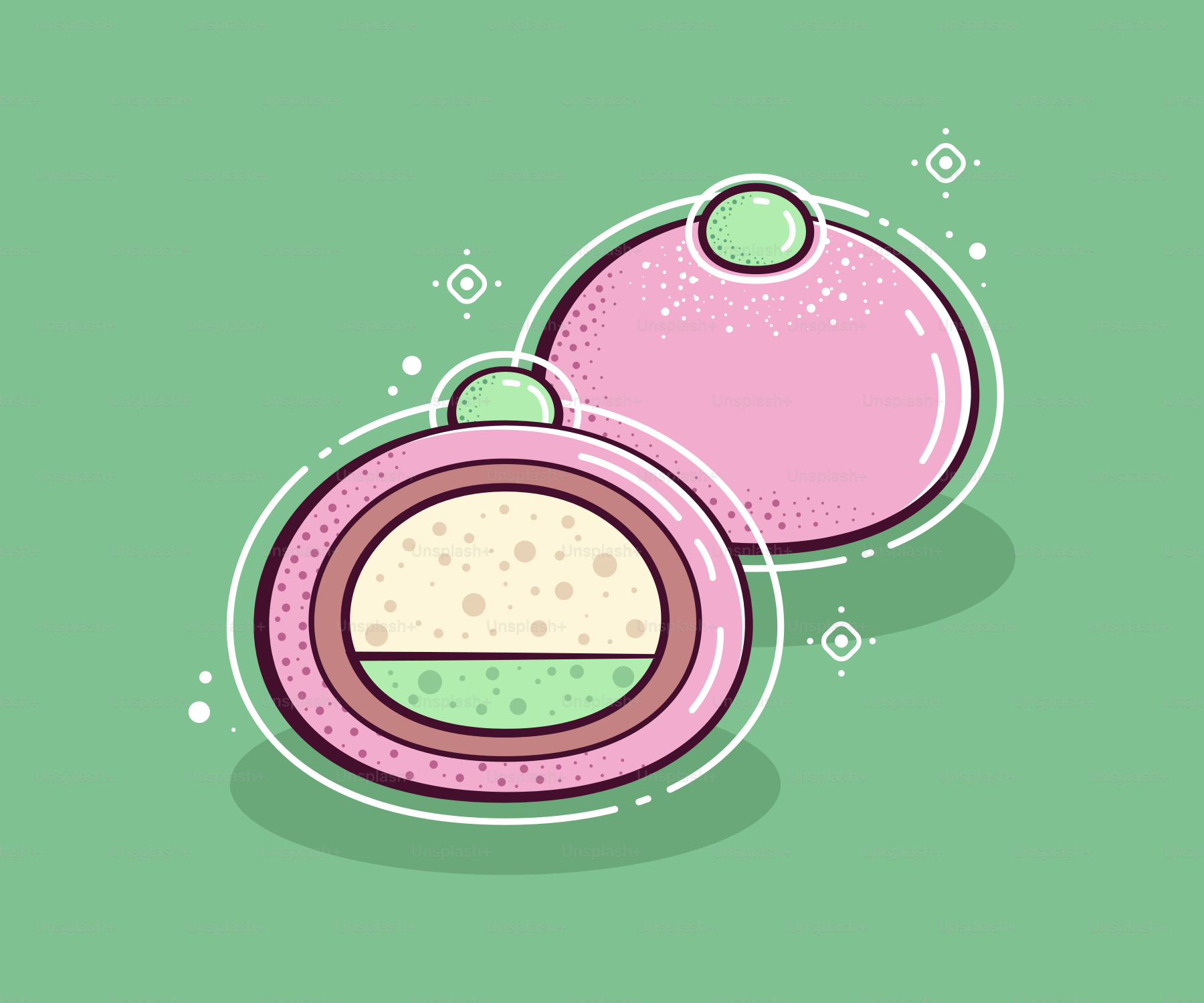 Pink makeup compact with two layers on green background.