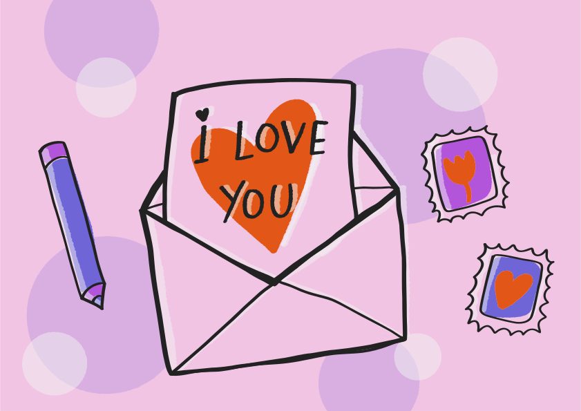 Envelope with "i love you" card and stamps