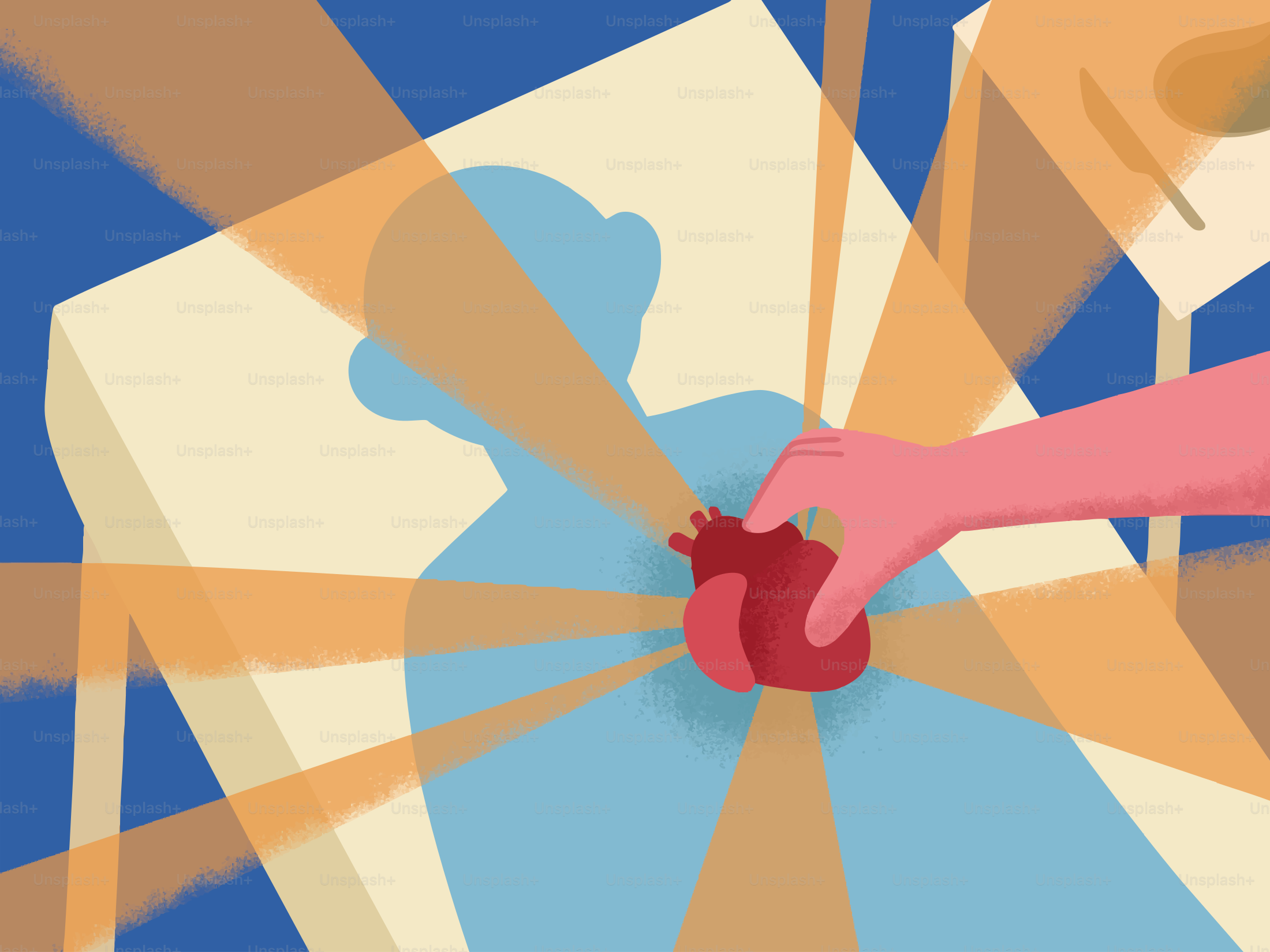 Hand reaching for a glowing heart on a person