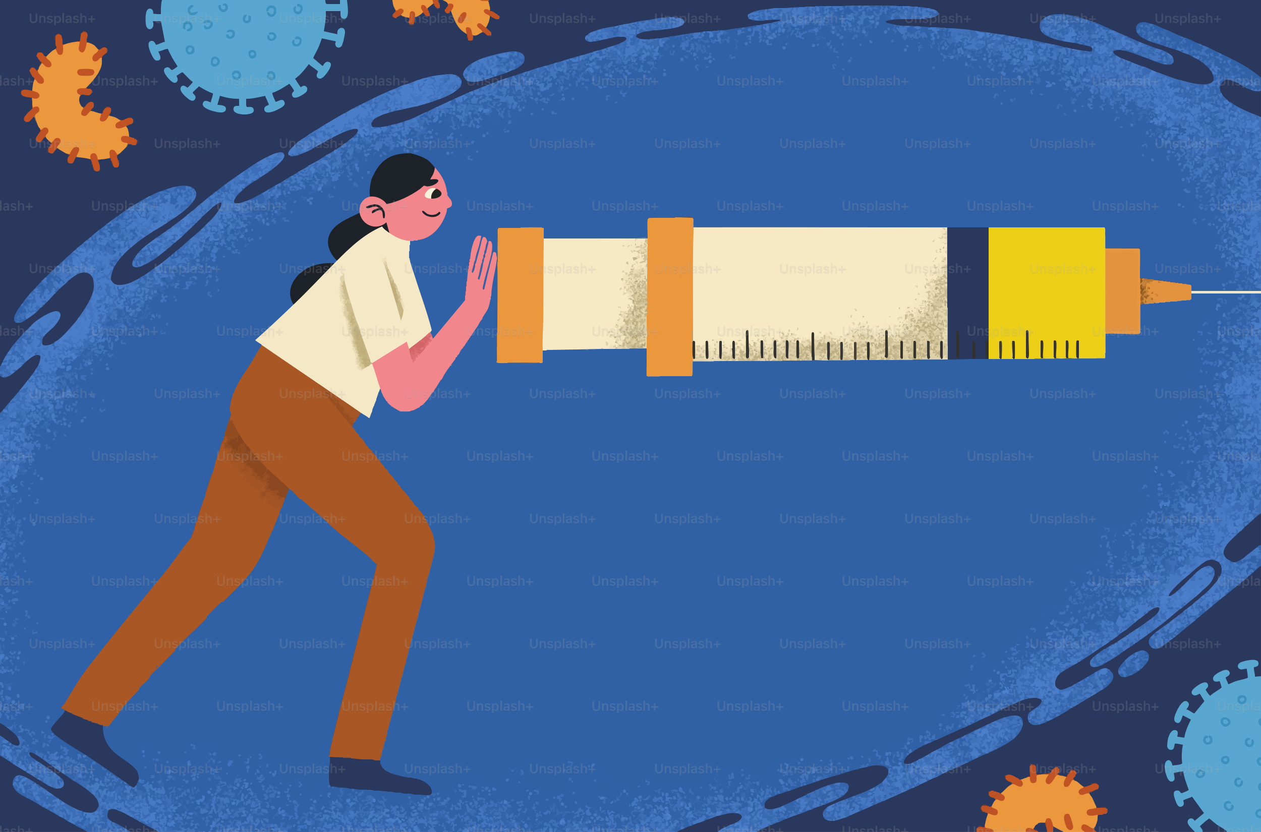 Frau drückt eine große Spritze gegen Viren