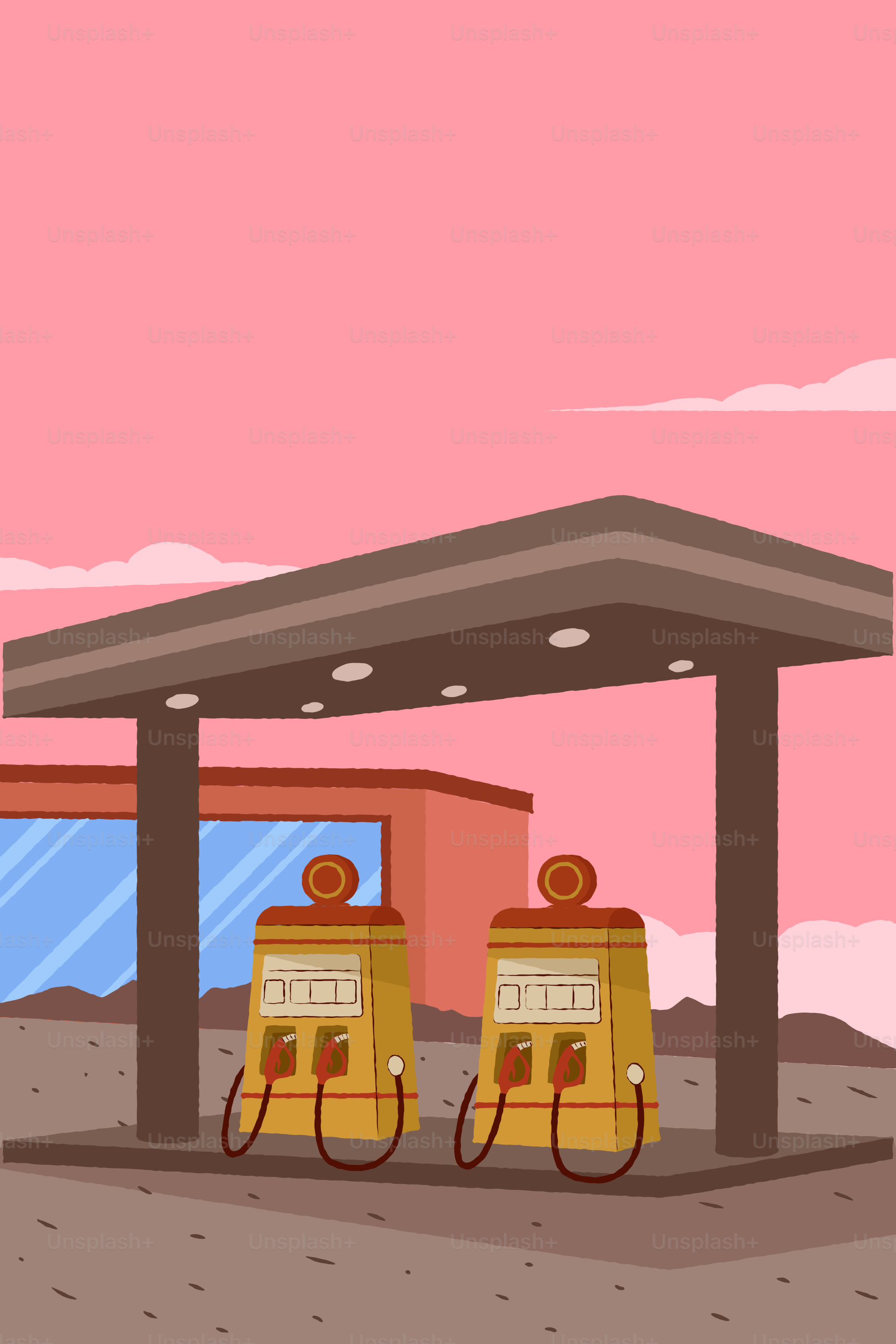 Two vintage gas pumps under a canopy