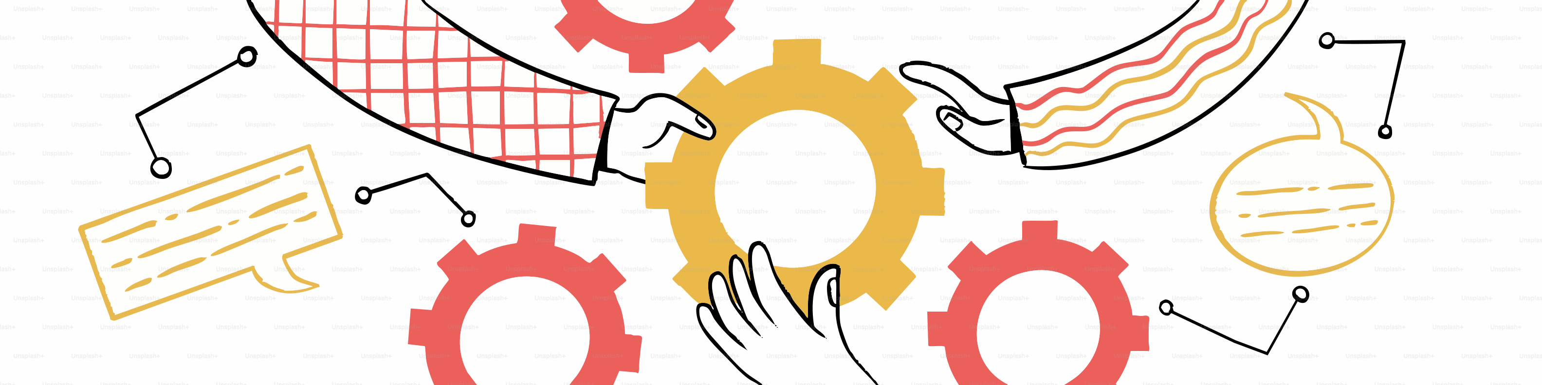 Hands connect gears, symbolizing teamwork and collaboration.
