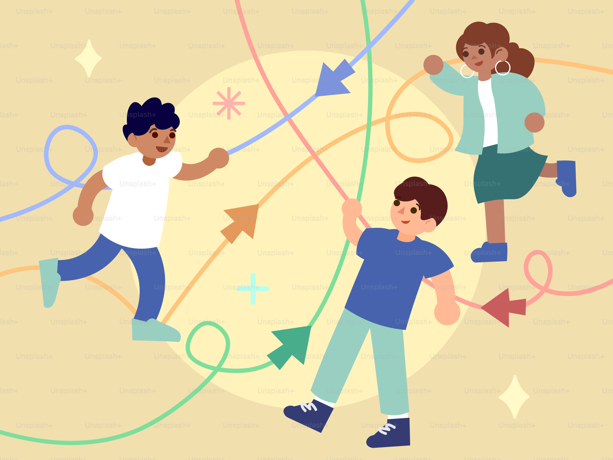 Drei Kinder, die mit bunten, verhedderten Saiten spielen