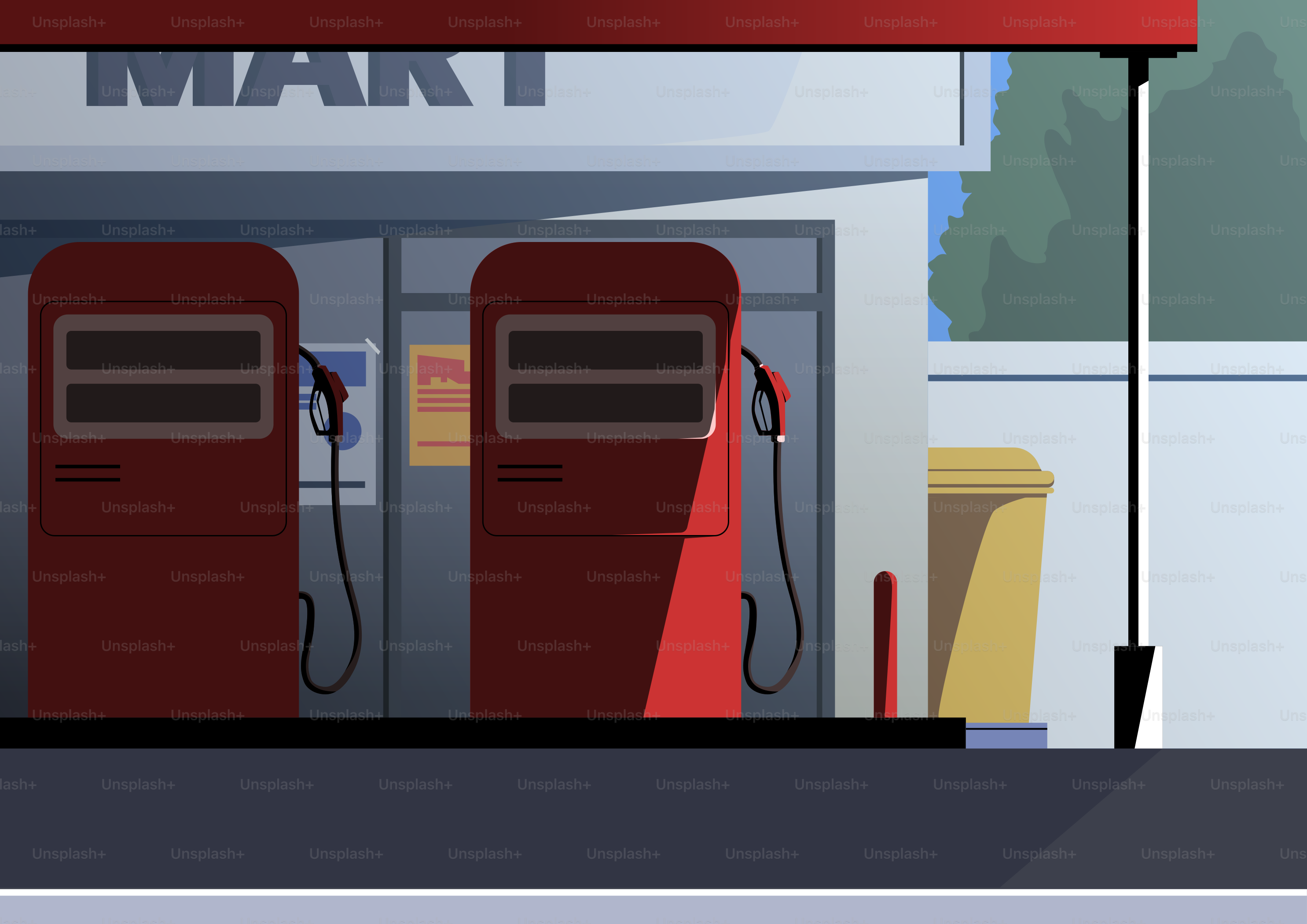 Two red gas pumps at a convenience store.